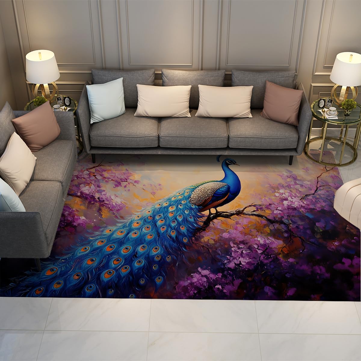 Tapis paon bleu décoration majestueuse tapis de prestige 160x220 cm