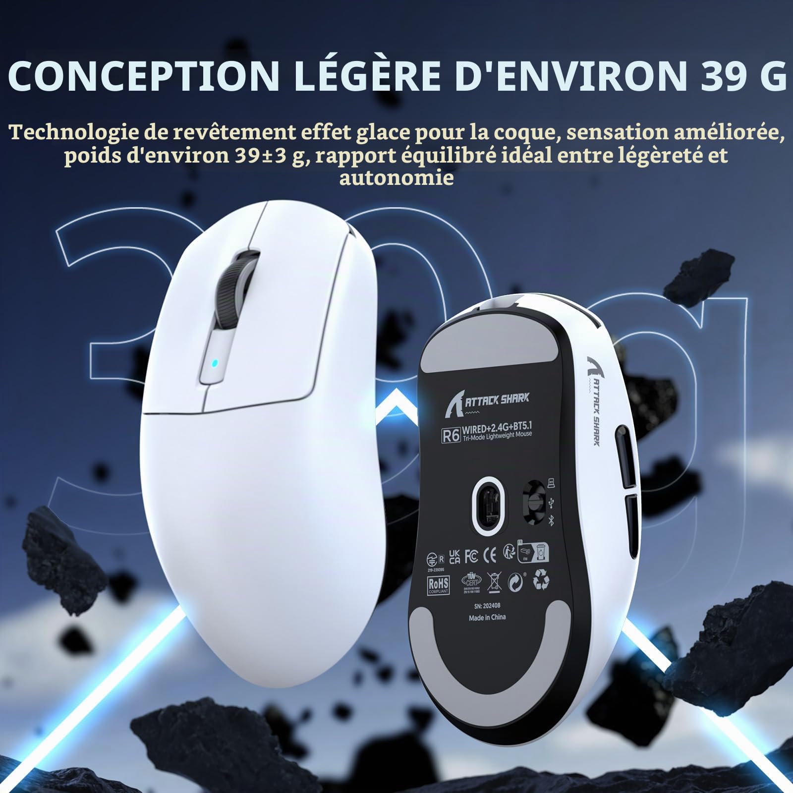 ATTACK SHARK R6Souris de Jeu sans Fil 8 kHz, Ultra légère 42 g, Nordic 52840 MCU, capteur de Jeu PixArt PAW3950MAX, BT/2,4 G/Filaire, 6 DPI réglables jusqu'à 42 000, Batterie 250 mAh, PC/Mac (Blanc)