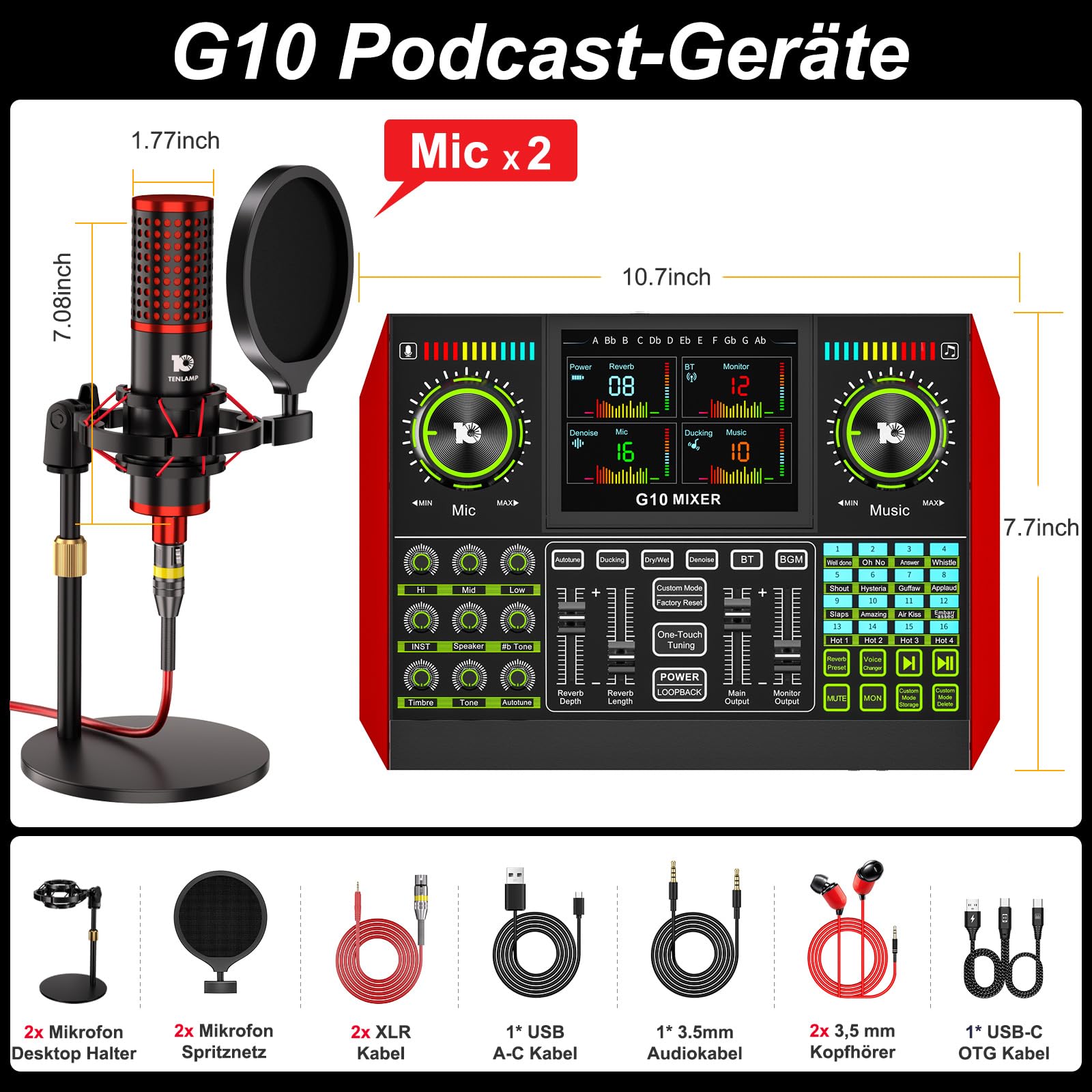 G10 Podcast Mikrofon Set mit 2 Mikrofonen, Audio Interface | Podcast Equipment Bundle mit G10 Audio Interface, Dual-Mikrofon Setup & DSP Rauschunterdrückung für Podcasts und Streaming