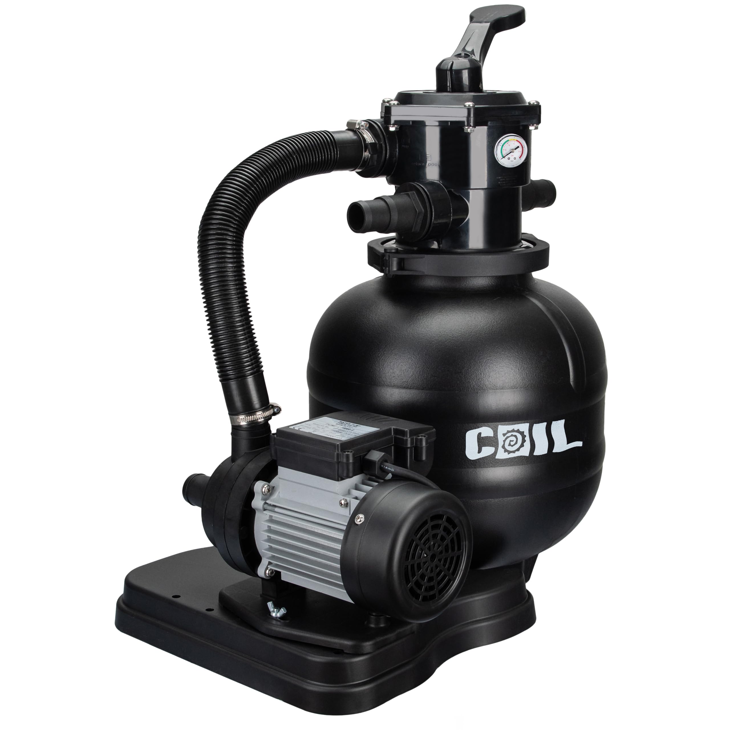 COIL Pompa z filtrem piaskowym, filtr piaskowy z pompą basenową, pompa basenowa, pompa samozasysająca, zawór 7-drożny z manometrem, przyłącze Ø 32/38 mm, maks. ciśnienie robocze 1,5 bar