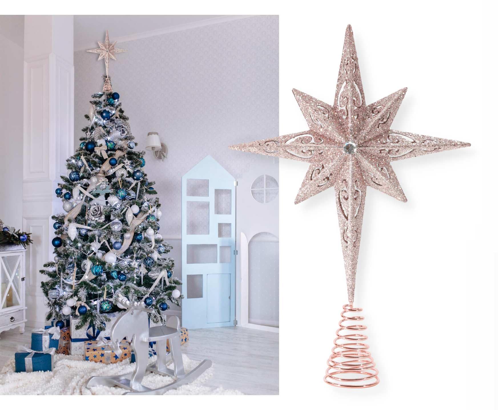 Christmas Traditions 11 inch Rose Gold Glittered Large Christmas Bethlehem Star Tree Topper Star for Large Tree 6 feet-8 feet Tall/Home Decor Ornaments (Rose Gold)