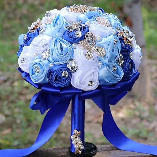 Miniatura 3 de Sharebeauty Ramo de novia de satén hecho a mano de 9.8 pulgadas, ramo de boda, ramo de flores artificiales