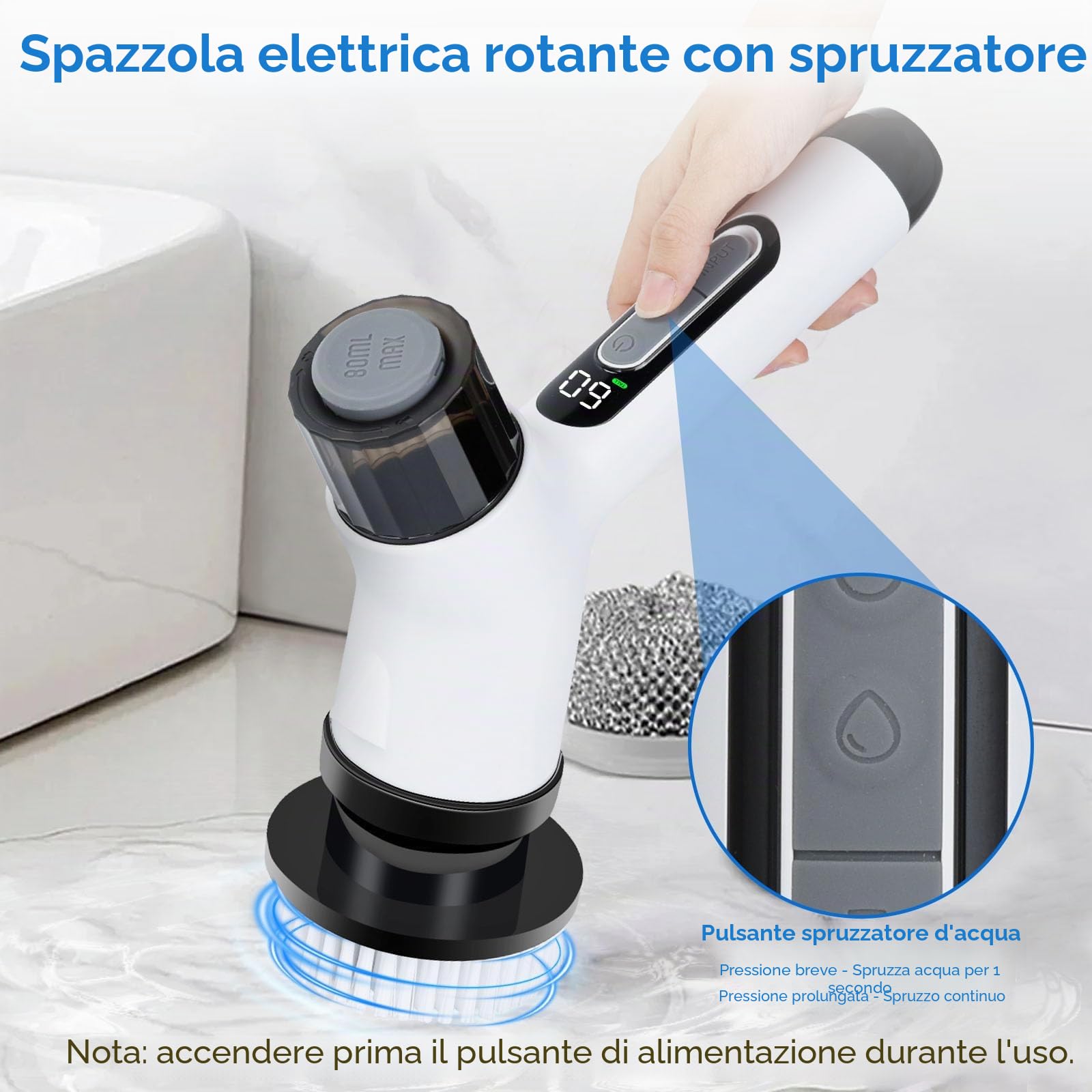 OTraki Spazzola Elettrica Rotante con 7 Teste di Spazzola, Spazzola Rotante Pulizia Elettronica con Maniglia Regolabile, 2 Velocità Spazzola Rotante Pulizia Casa Protezione IPX7 per Bagno, Auto, Ecc