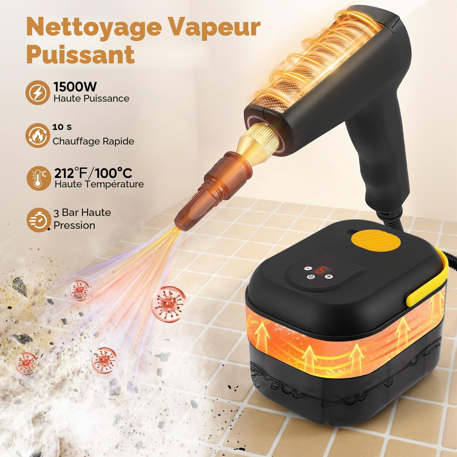 Nettoyeur Vapeur Professionnel,1400ML Réservoir d'eau de Grande Capacité, 10 S Chauffage Rapide,Nettoyeur Haute Température Puissant, Élimine Graisses Pour Salon, Cuisine, Salle de Bain