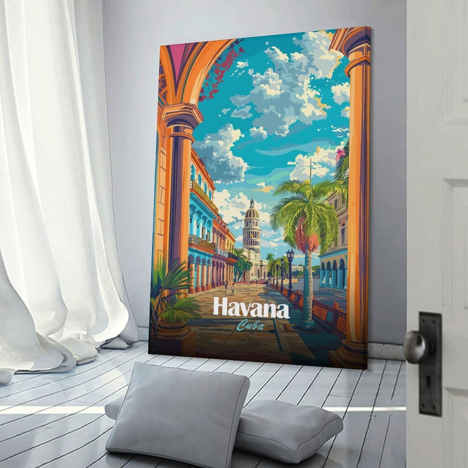 Junmoney Frame-Style-14-1 Colorful Havana Cuba Cityscape Illustration Hanging Wall Art 20X30inch(50X75cm), For Bedroom Walls, Guest Spaces Or Lounges, Home Artwork With A Soft Interior Feel