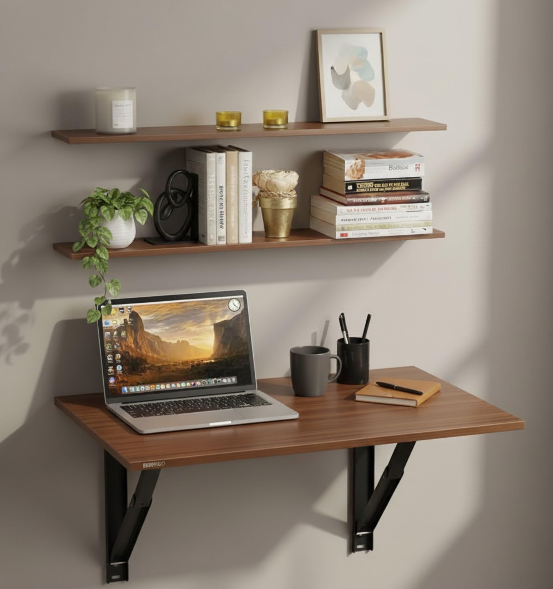 Modif Wall Mounted Folding Study Table with Floating Shelves | Wooden Foldable Laptop Desk for Home Office | Space-Saving Wall Desk for Study & Work | 17mm Engineered Wood-image-14