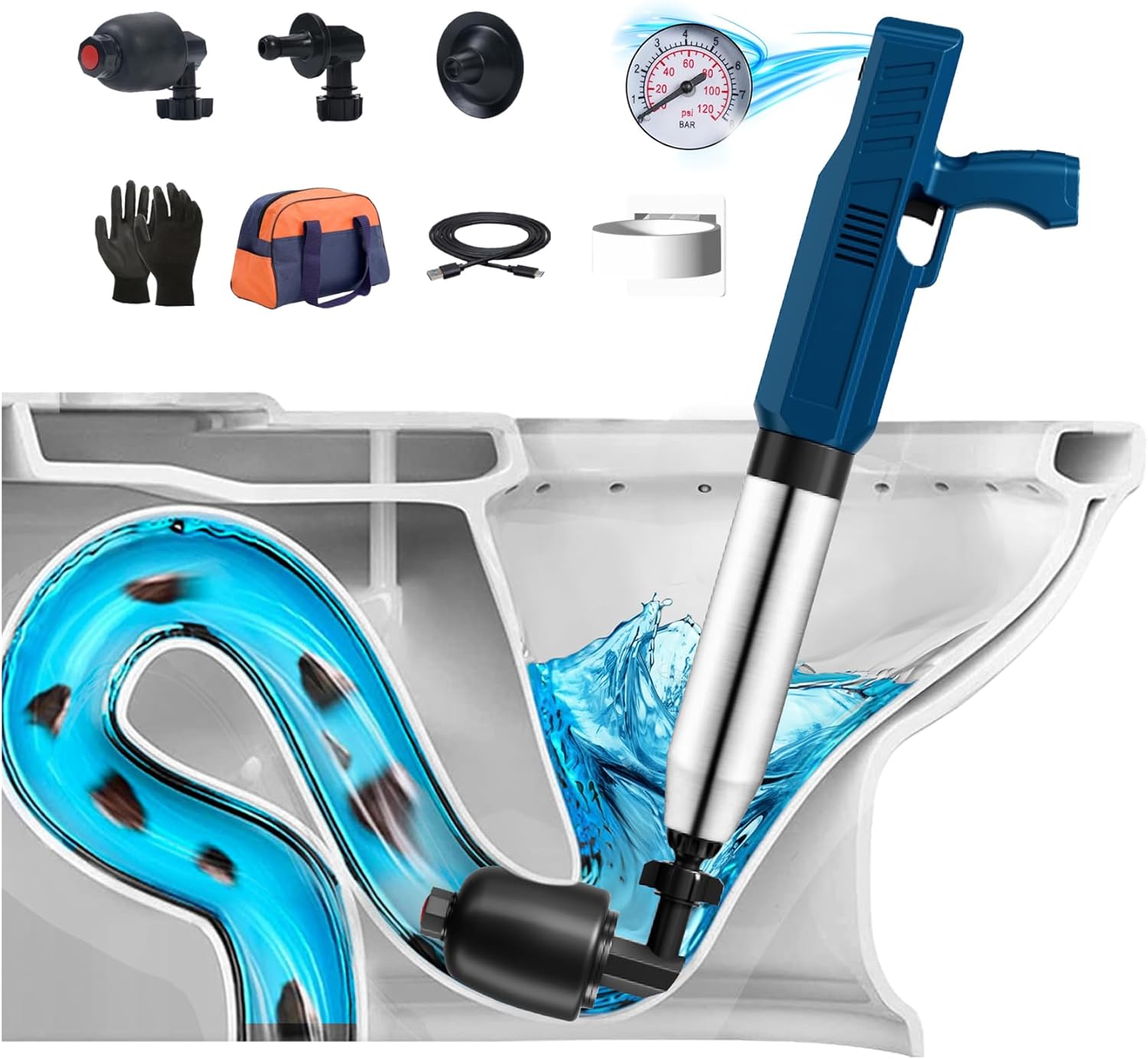 Electric Power Air Toilet Plungers-Pump Gun, Heavy High Pressure Blasters for Kitchen and Bathroom Drain, are The Best unclogger Tools as Clog removers for Pipes and Toilets(Blue