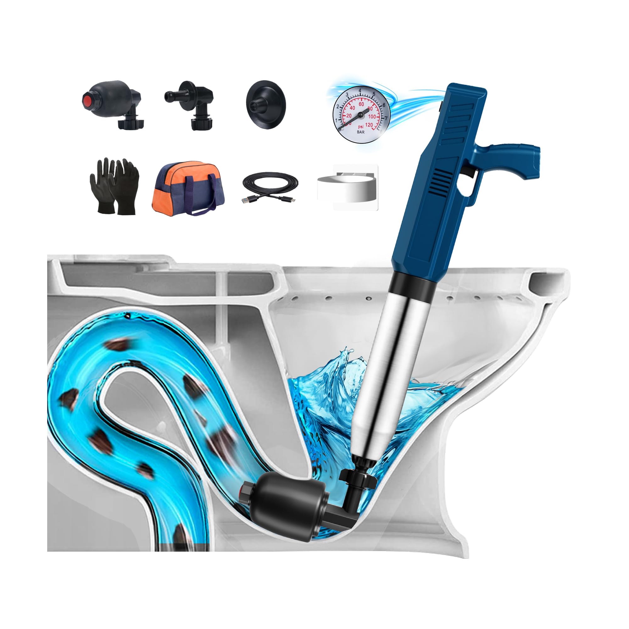 Pistola elettrica ad aria per WC, ad alta pressione, per lavello della cucina e scarico del bagno, sono i migliori strumenti per sbloccare gli intasamenti per tubi e servizi igienici (blu