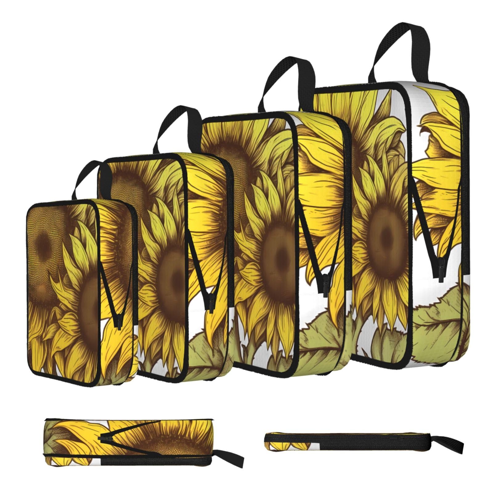 Ezdlowvba Black Sunflowers Pattern Print Compression Packing Cubes 4-Piece Set With Multi- Compartment Travel Bag, Waterproof Suitcase Organiser Bags
