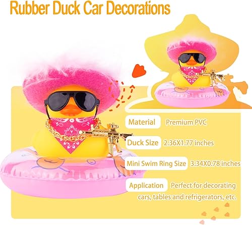 Miniatura 5 de Pato de goma para salpicadero del automóvil, pato vaquero, decoración de tablero de automóvil, accesorios de adorno de pato con mini anillo de