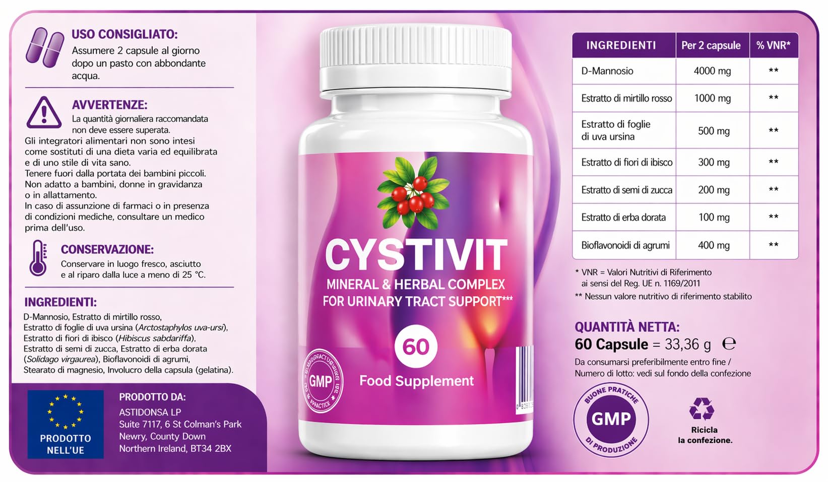 CYSTIVIT Integratore Alimentare – 60 Capsule – con D-Mannosio, Estratto di Mirtillo Rosso e Piante – Per Adulti – Prodotto nell’UE (1)