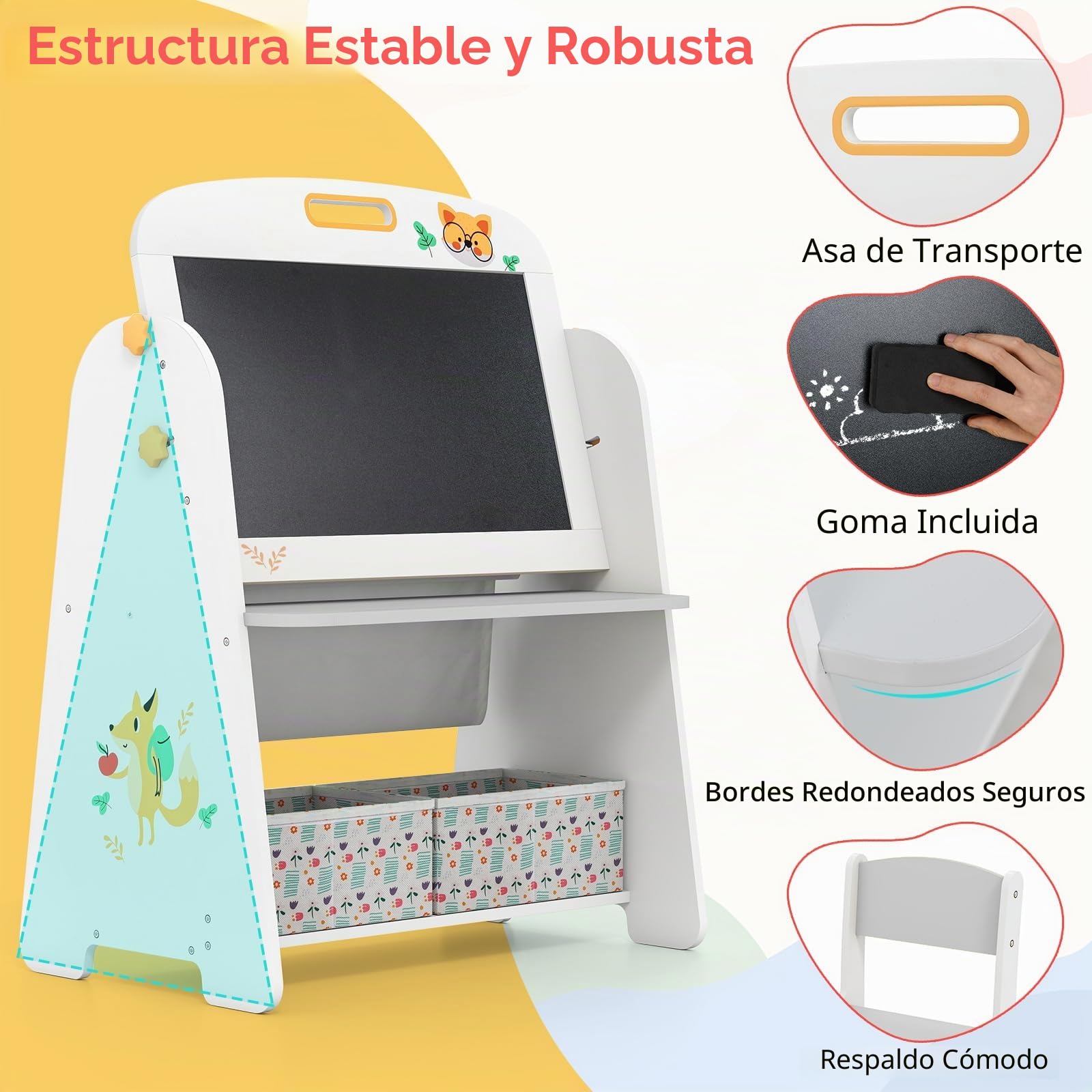RELAX4LIFE Juego de Mesa y Sillas Infantil con Tema de Zorro, Pizarra Blanca Magnética, Pizarra Negra, Estantería de 2 Niveles y Cajas de Telas para Dibujar y Aprender (Gris)