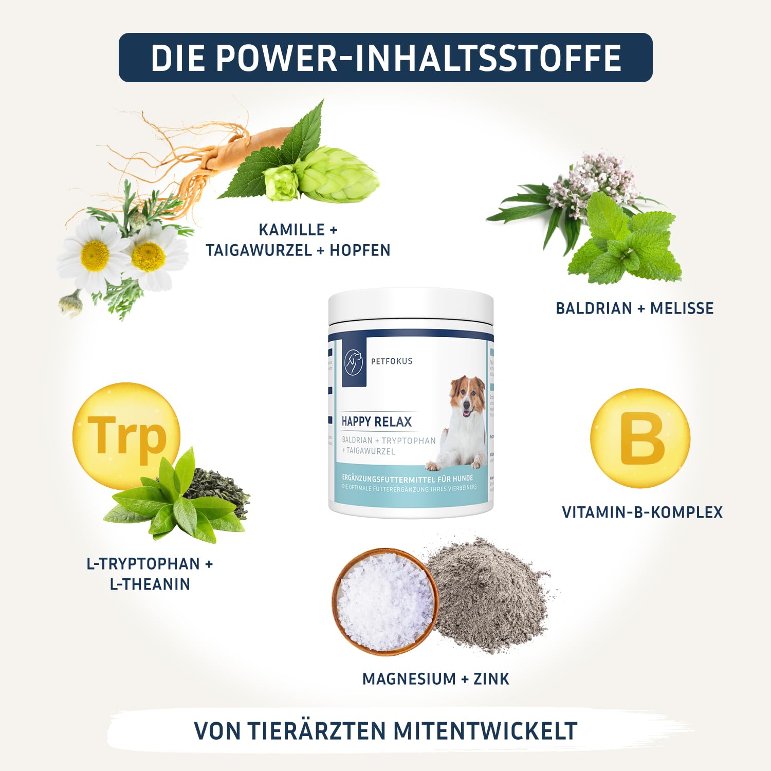 PetFokus Happy Relax Hunde Baldrian Melisse Grüntee Tryptophan Pulver 135 g