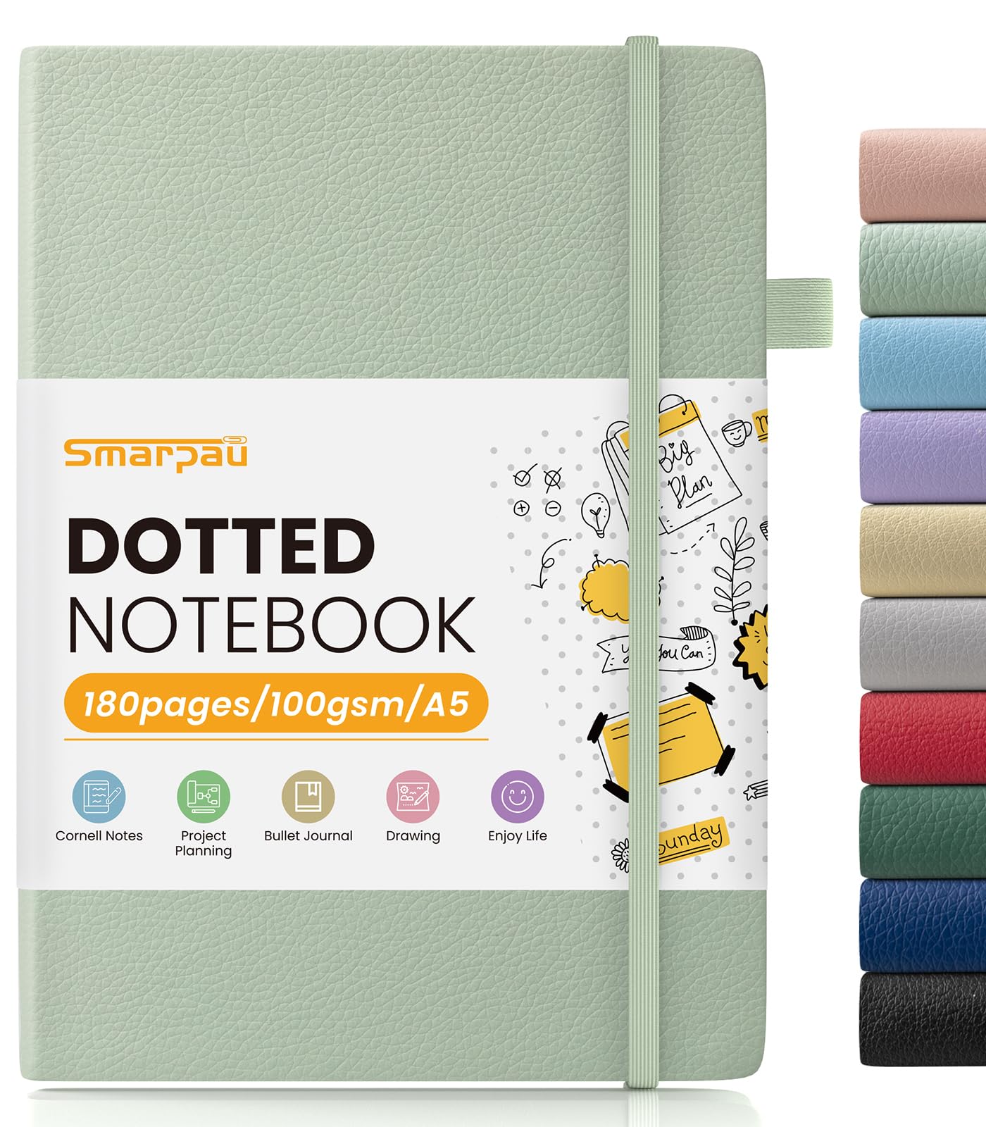 Smarpau A5 Dotted Notebook, Bullet Dot Grid Journal with 180 Pages, 100GSM Thick Paper for Writing, Hardback Leather Dotted Journal for Women Men School Office - Mint Green
