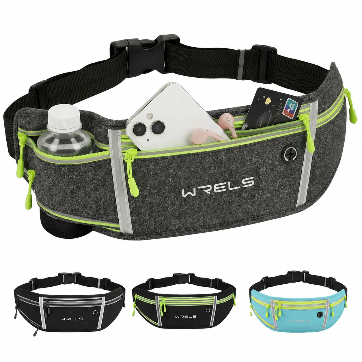 WRELS Running Belt with Water Bottle Pocket for Women Men,Adjustable Waterproof Waist Pack Running Phone Belt Fit Smartphone Up to 6.8"