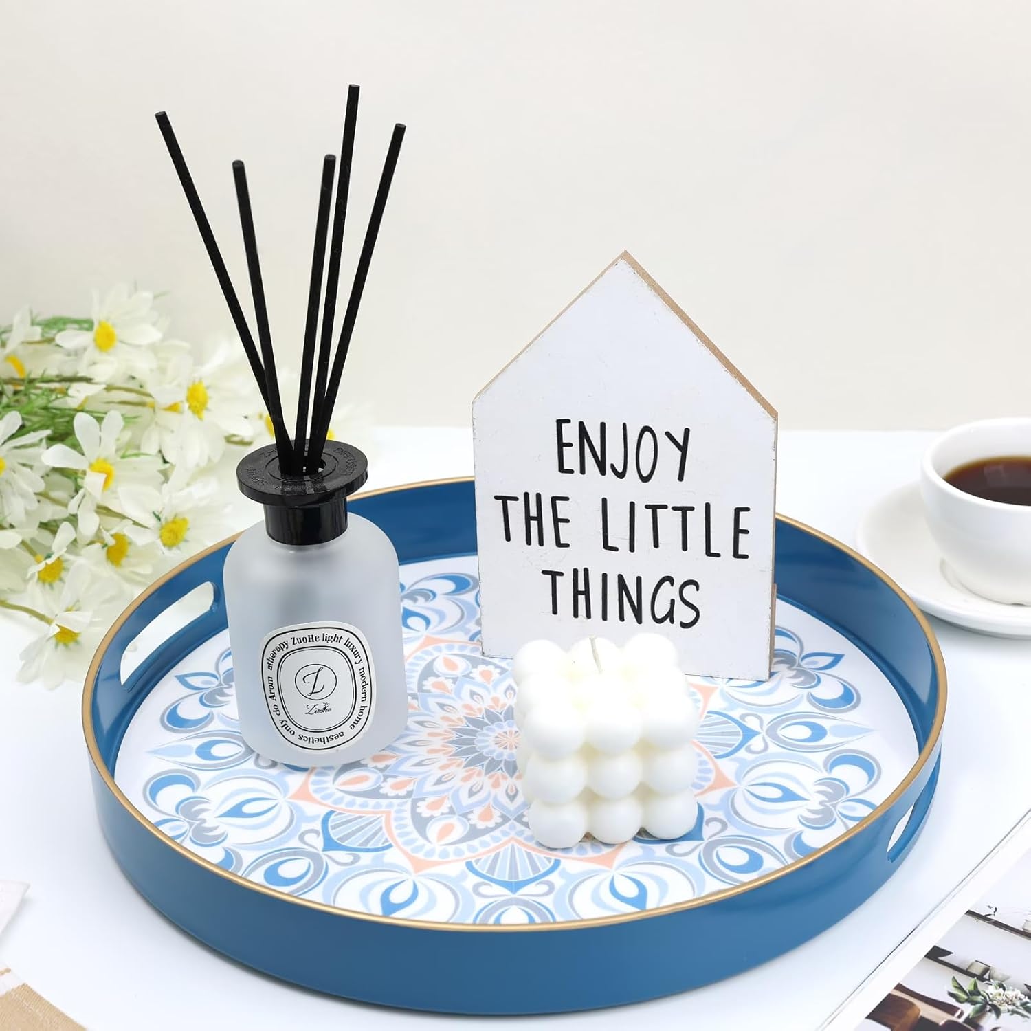 Round Blue Decorative Tray for Coffee Table, Ottoman, 13” Plastic Serving Platter Tray with Handles for Entertaining, Living Room - Image 3