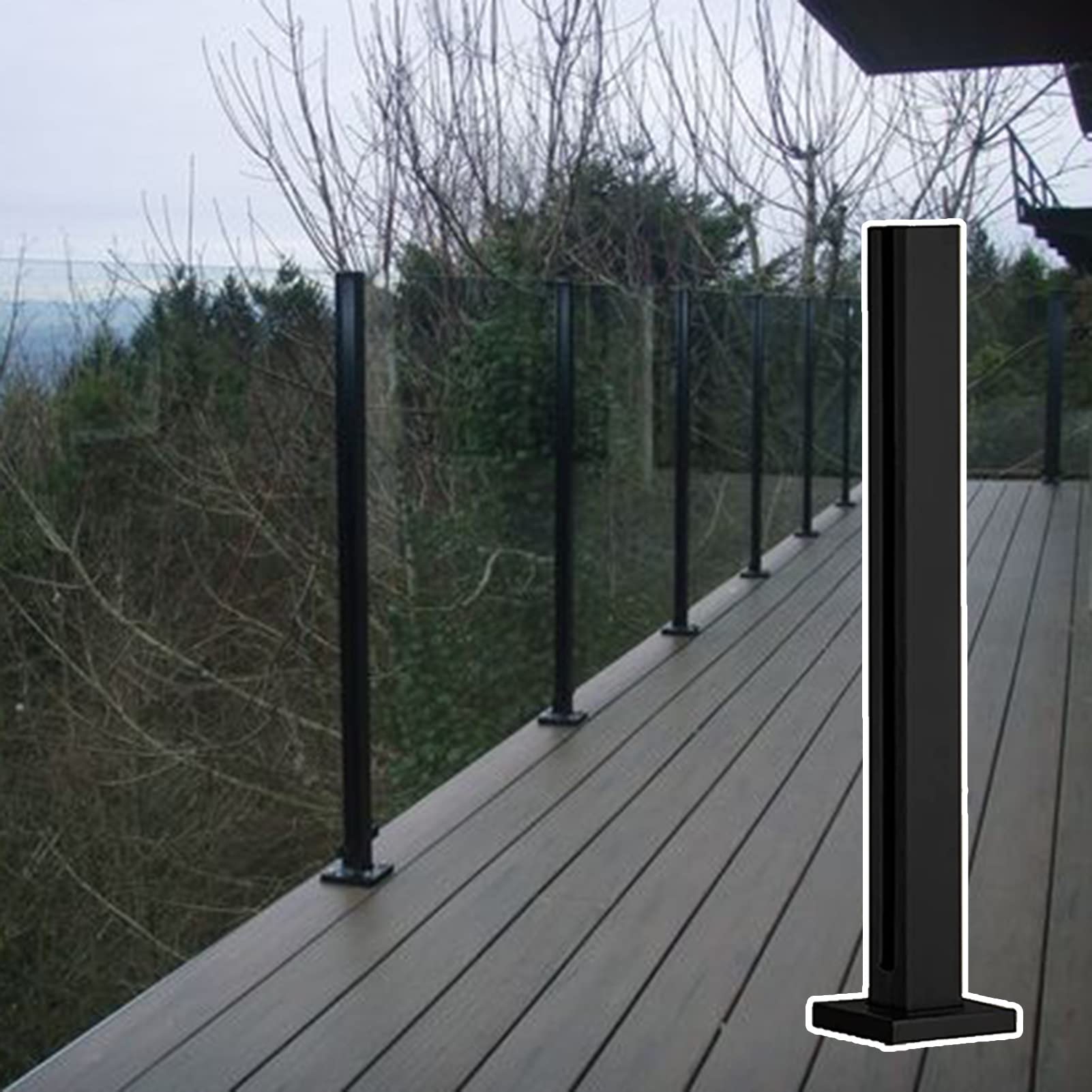 GJZNJYL Black Glass Railing Post for Outdoor Balconies, Square Handrail Fence Pole for Concrete/Wood Floors, Safety Balustrade (Height: 110cm/43.3in, Color: Black)