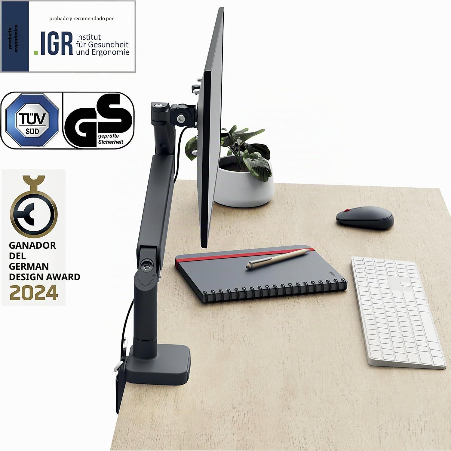 Leitz 64890089 - Soporte Ergo para Monitor Individual, con Certificación TÜV e IGR, Brazos Plegables Versátiles, Brazo Gris Oscuro para Monitores de hasta 32", Gris Terciopelo