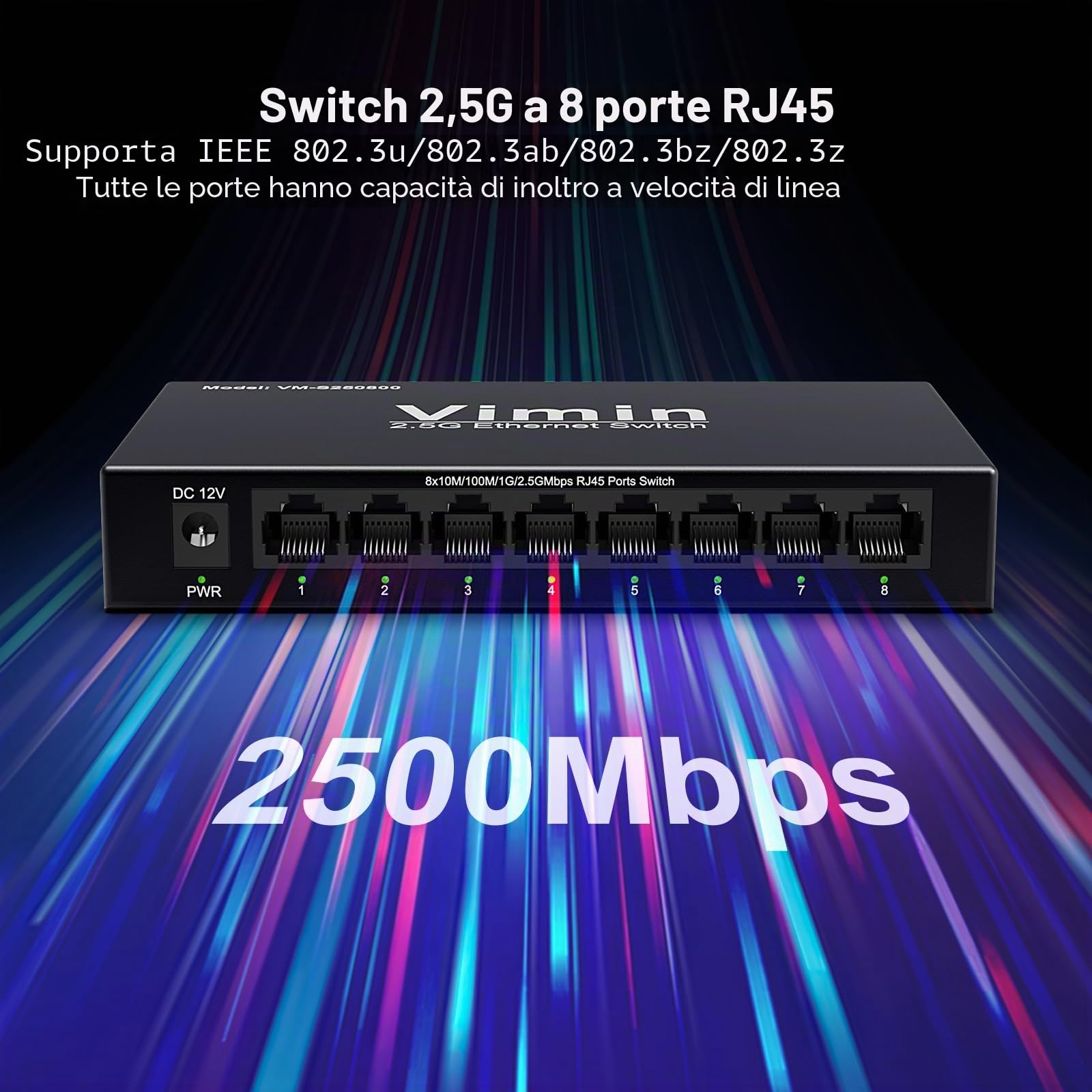 Switch non gestito 2,5G con 8 porte, VIMIN 8x2,5 Gigabit RJ45, Plug&Play, Switch Ethernet 2,5G, in metallo, per montaggio su tavolo o a parete, per reti domestiche e aziendali