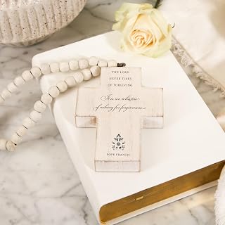 Pope Francis “Forgiving” Hanging Cross – Inspirational Wall Decor – 8"x5" White Wood Cross with Papal Quote – Catholic Company Exclusive