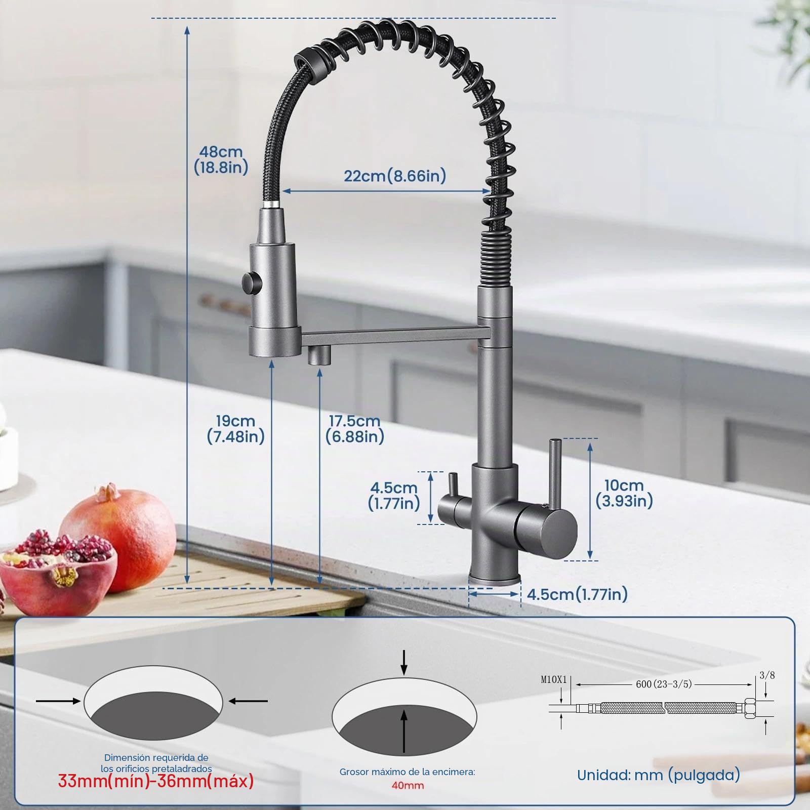 Grifo de cocina de 3 vías, grifo de agua potable con resorte en espiral, giratorio en 360°, grifo de cocina con ducha extensible, mezclador 3 en 1 para filtro de agua (3 vías（01）, gris)