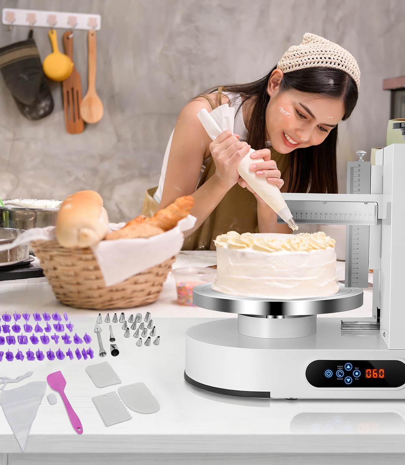Máquina para Decorar Pasteles, máquina eléctrica de 4 a 12 Pulgadas para Extender, Cubrir y glasear cremas, con raspador Graduado Ajustable, 60 a 320 RPM, máquinas para Cubrir Pasteles de ma