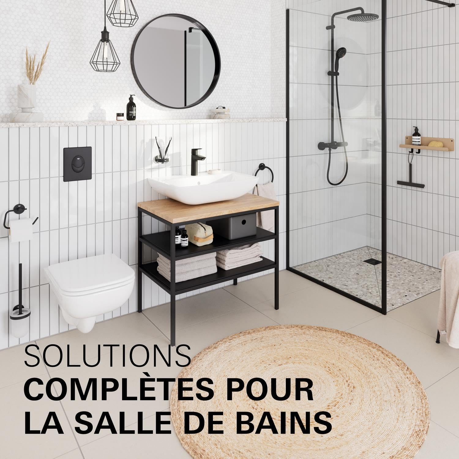 GROHE Essence Mitigeur de Lavabo Corps Lisse, Taille S (208 mm, Levier Métal, Cartouche Céramique 28 mm, Économie d’Eau, Flexibles 3/8"), Noir Mat, 235902431