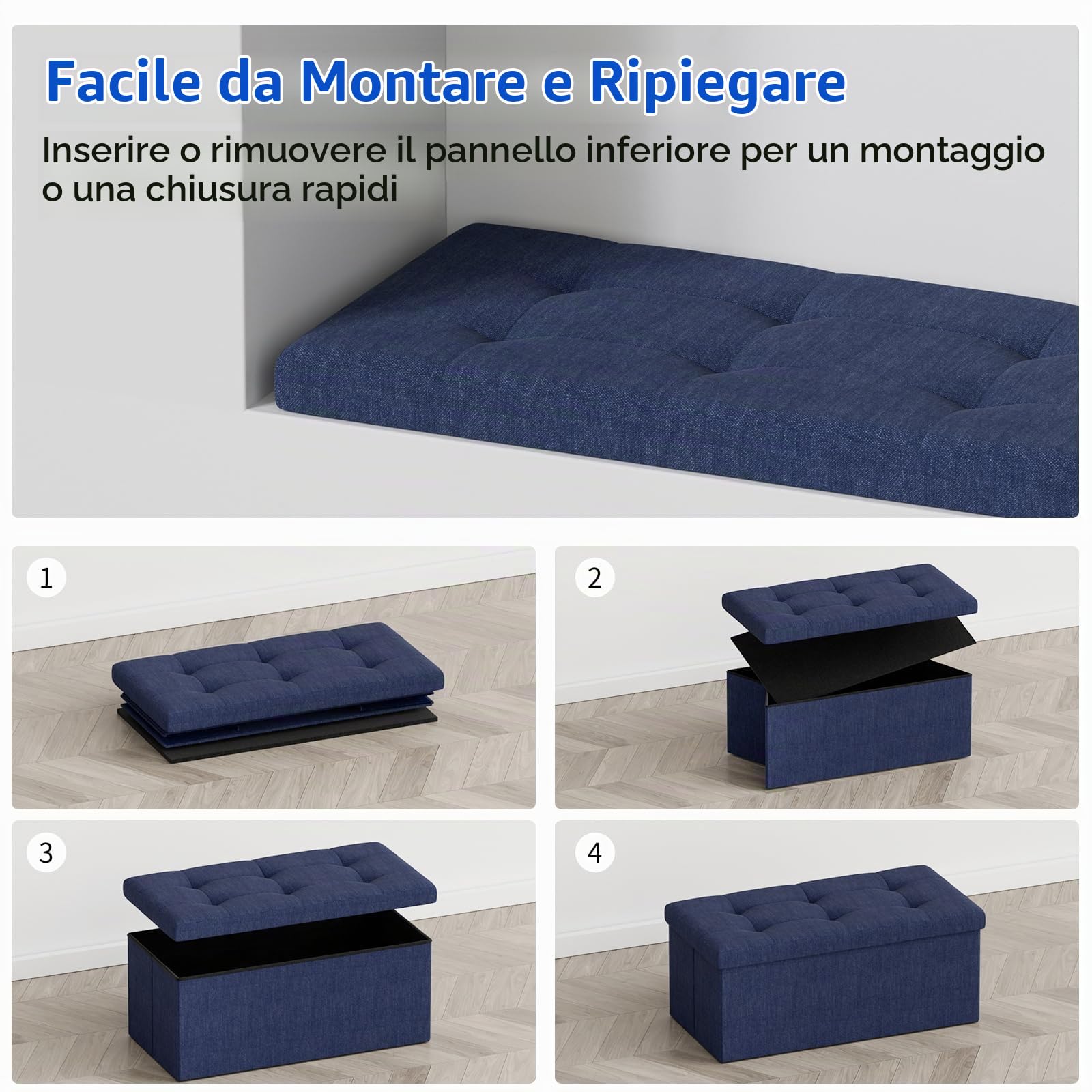 BRIAN & DANY Pouf Puff Pieghevole Stoccaggio Ottomano Poggiapiedi Sgabello Contenitore Cassapanca Pieghevole, Blu Navy - Tessuto Come Lino, 76 x 38 x 38 cm