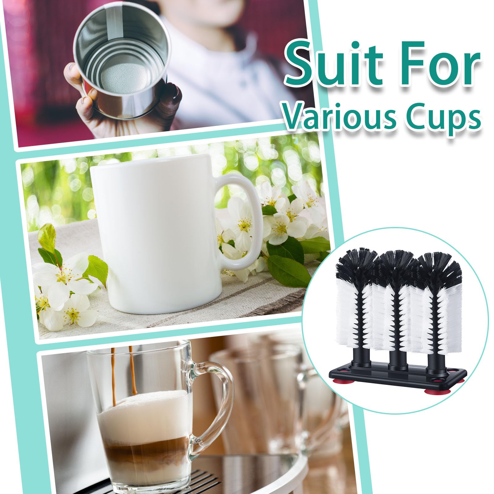 Havawish 1 cepillo de limpieza de botellas de agua con base de succión, barra de cerdas de 3 cabezales para fregadero, limpiador de cepillos para limpiar vasos de cerveza, copas de vino, tazas de