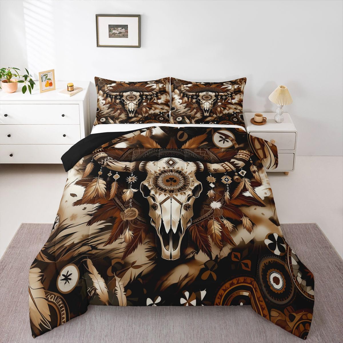 jejeloiu Southwestern Comforter Set All Season Cow Skull Bedding Set with 2 Pillow Cases Tribal Native Microfiber Kids Queen Bedclothes Bedroom Decor Duvet Quilt Breathable Soft Lightweight