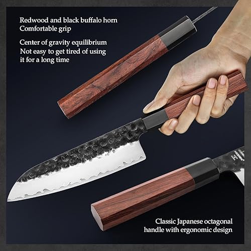 Vista 3 de HEZHEN Santoku - Cuchillo de chef de acero revestido de 3 capas, cuchillo de cocina japonés profesional para chefs y cocina casera, mango octogonal