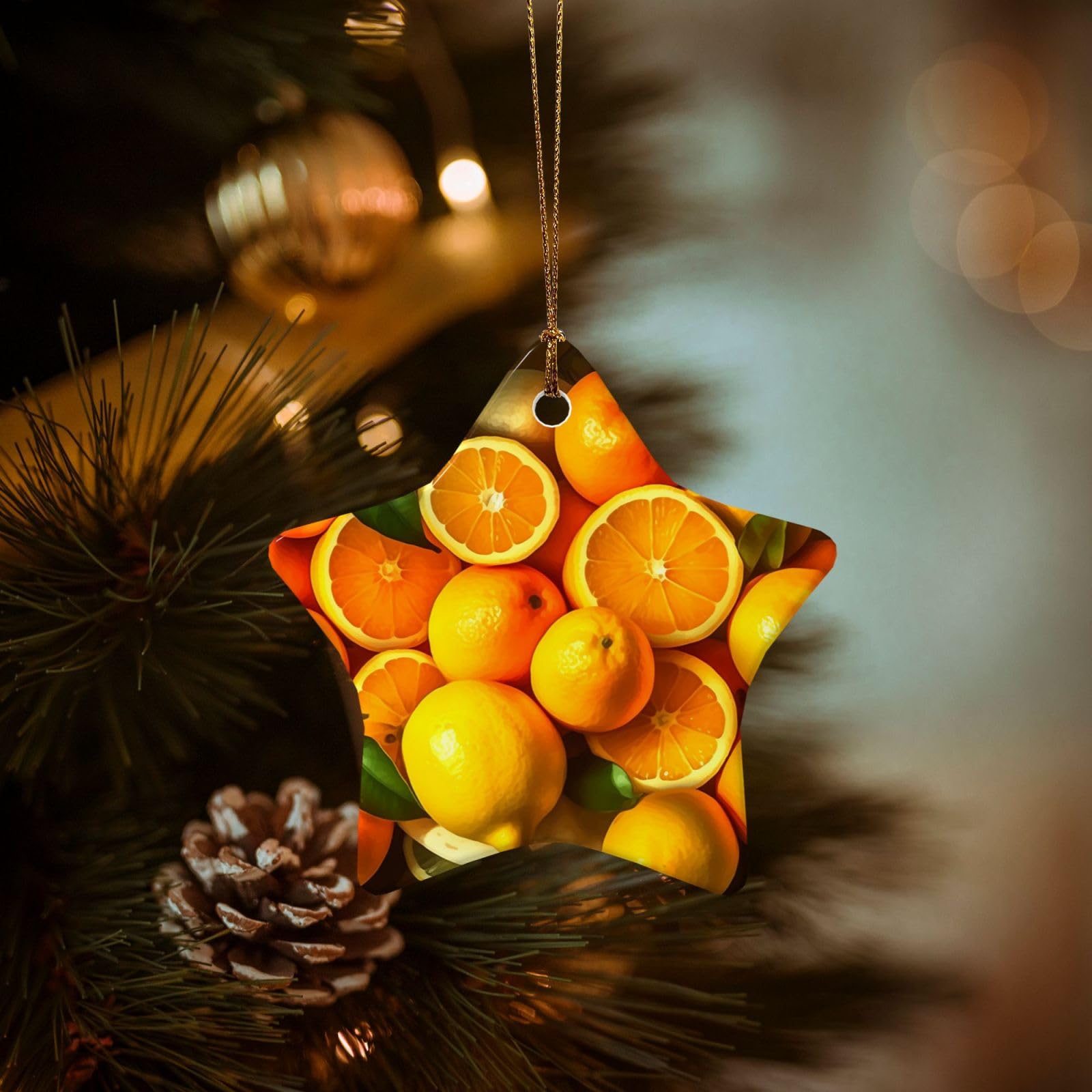 Christmas Tree Ornaments Ceramics Christmas Decorations Oranges and Lemons Ornaments with Gold Ribbon Porcelain Xmas Tree Crafts Star Shape Hanging Pendant for Christmas Tree Party Decor