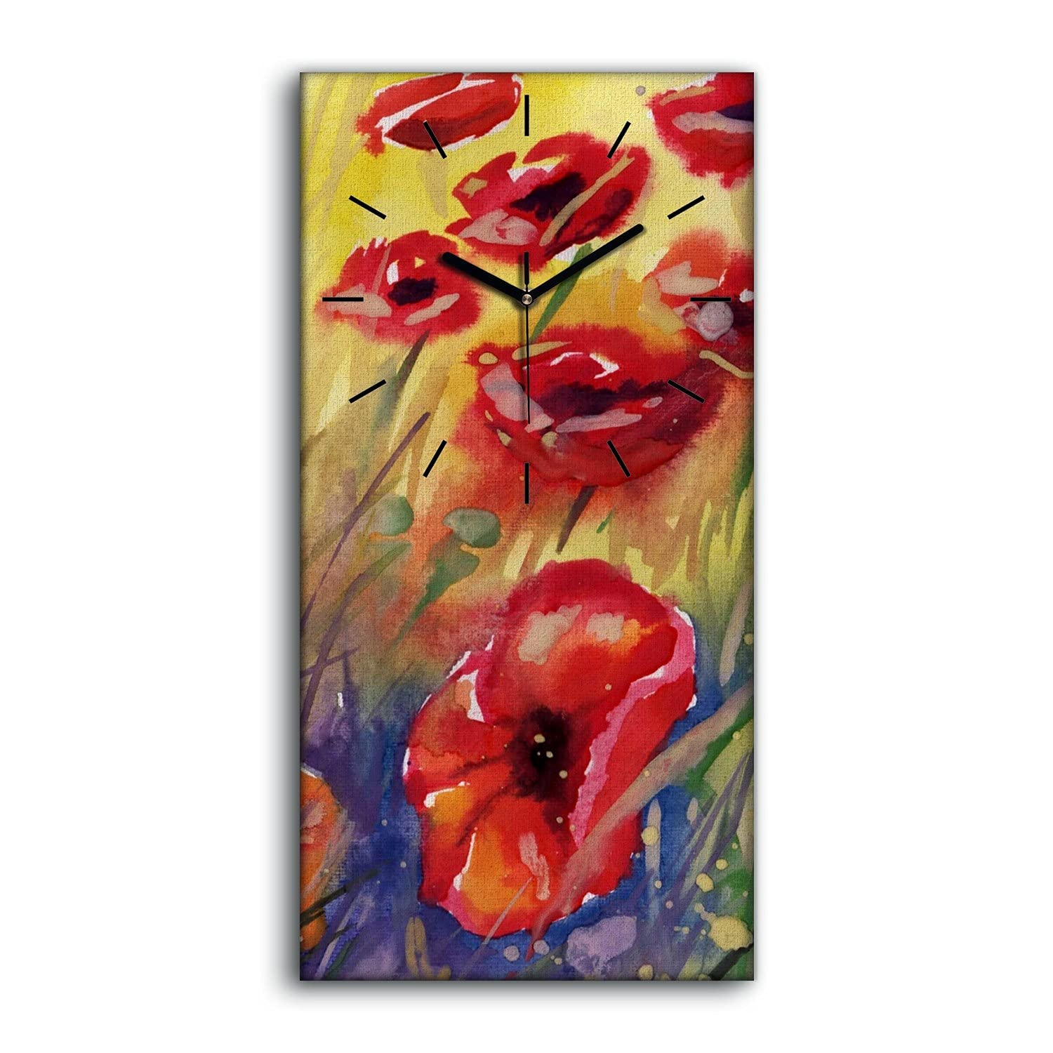 Horloge sur Toile Sans Tic-Tac Fleurs de Coquelicots pour Salon Calme 30x60cm