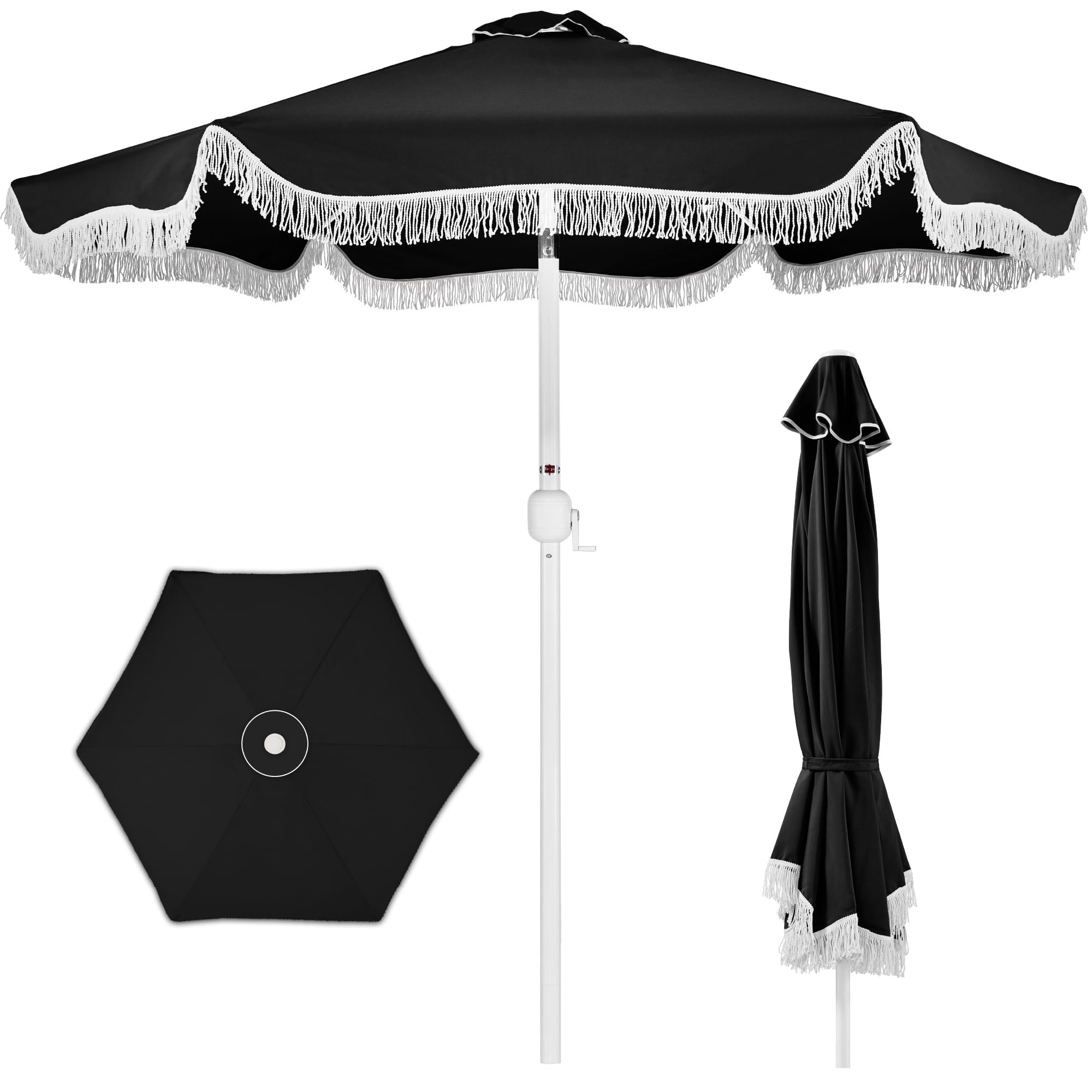 Best Choice Products 9ft Fringe Market Patio Umbrella – Outdoor Boho Tassel Sunshade for Table, Pool, Deck, Backyard – UPF50+, Easy Tilt, Heavy Duty Steel Pole & Ribs