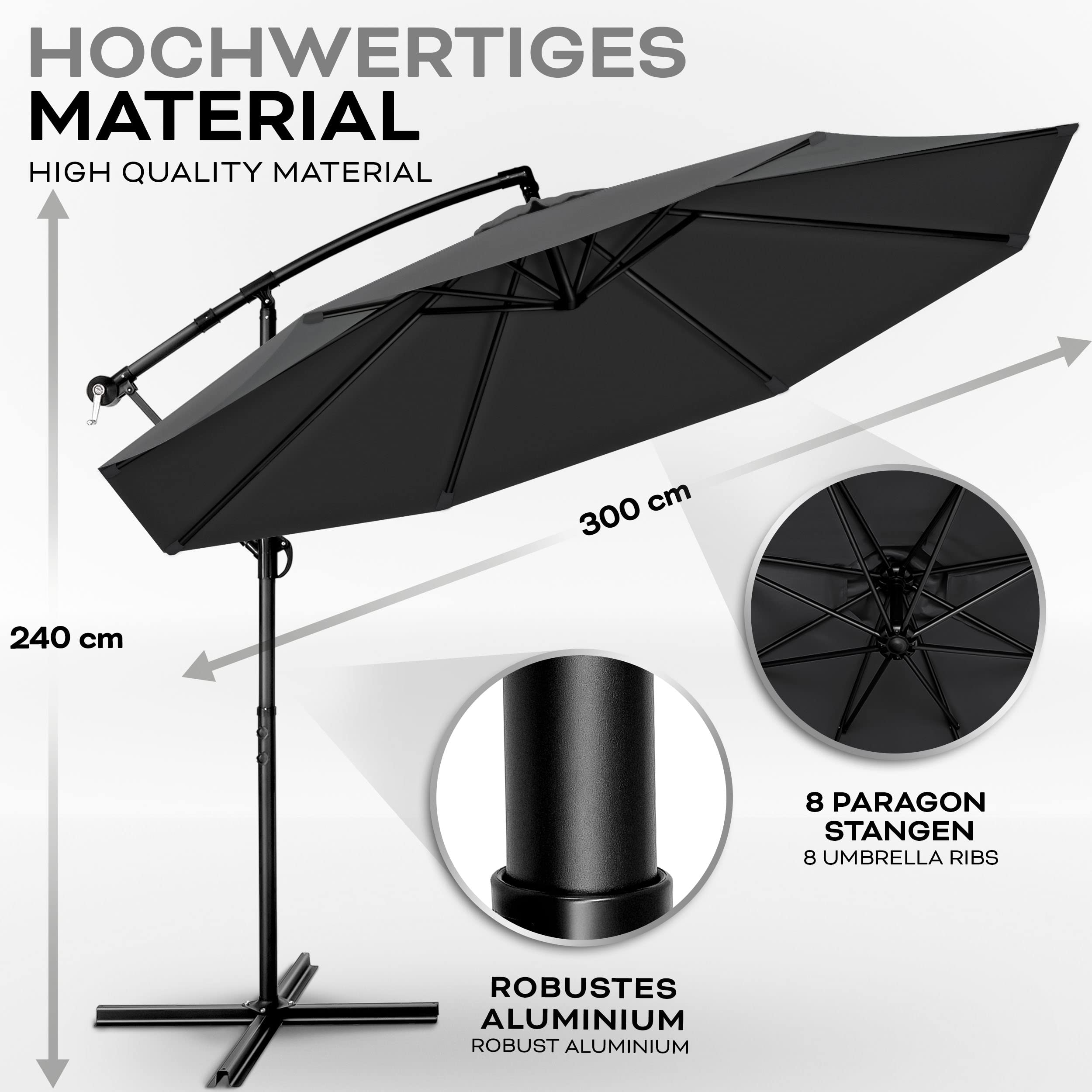 tillvex Aluminiowy parasol przeciwsłoneczny + osłona Ø 300 cm z korbą | parasol przeciwsłoneczny ze stojakiem i ochroną przed wiatrem | parasol ogrodowy, ochrona przed promieniowaniem UV, aluminium,