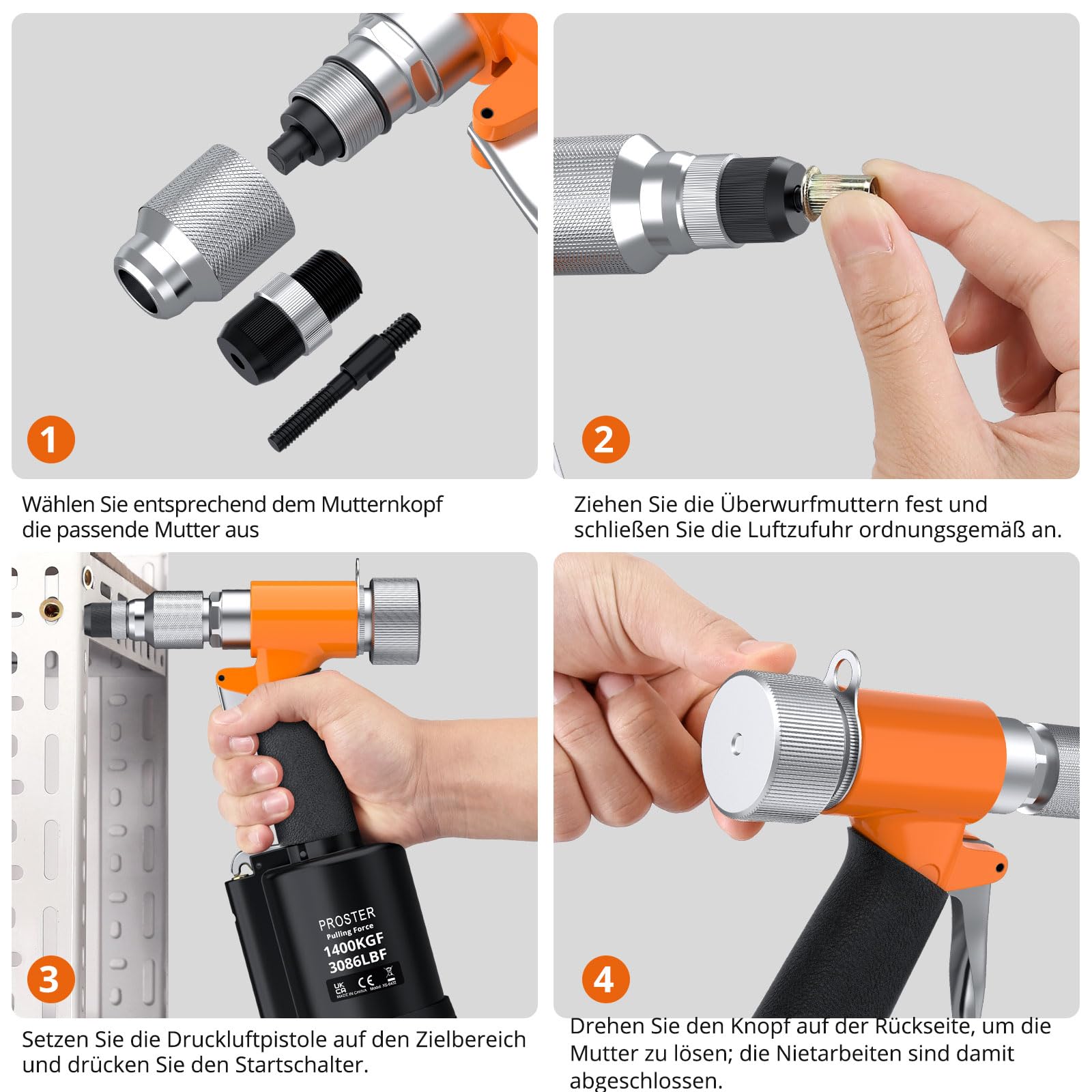 Proster Druckluft Nietmutternzange Set Nietmutterpistole, 100PCS Nietmutter Set, 5 Stück Metrische Mandrels (M4-M10), Luftdruckhydraulisches Werkzeug für Automobil, Industrie, Heimwerkerprojekte