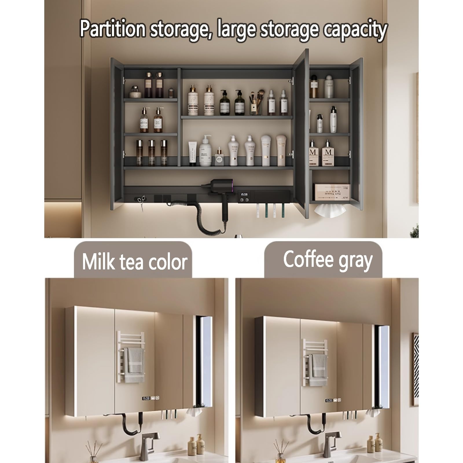 Multifuncional Armario con Espejo for Cuarto de Baño,Armario de Pared Rectangular Antivaho,Gabinete De Espejo De Tocador De Baño Montado En La Pared con visualización de la hora,agujero de papel,estan