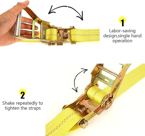 Miniatura 5 de Paquete de 4 correas de trinquete de 2 pulgadas, correas de amarre resistentes de 20 pies con doble gancho en J, resistencia a la rotura de 10,000