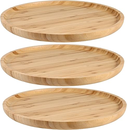 JOIKIT Paquete de 3 platos redondos de bambú de 8 pulgadas, platos redondos de madera pulida fina bandeja de bambú para sostener frutas, pan, queso,