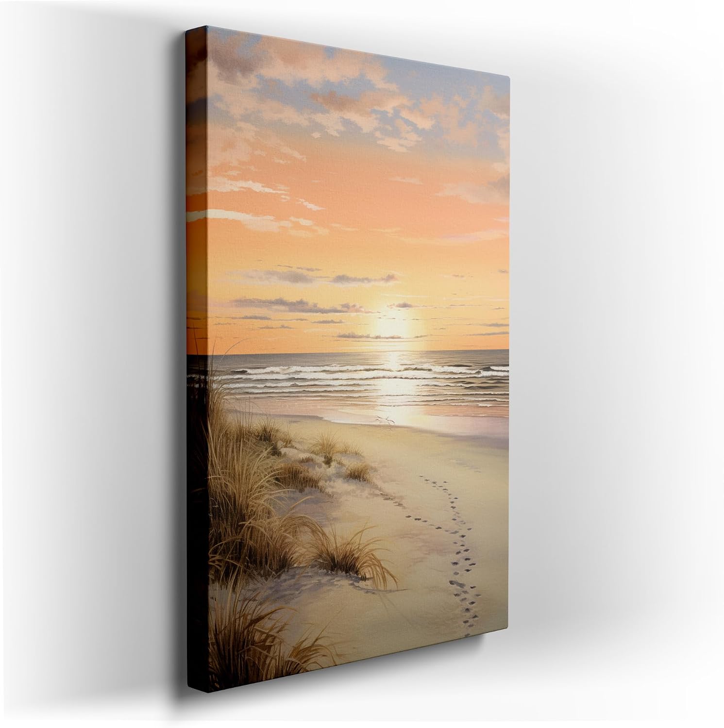 Canvas for Living room. Sunset Serenity - Footprints to the Horizon and the Flight of a Lone Seagull, 27 x 18 inch Canvas Wall Art - Expansive Panoramas - Modern Home Decor - 69x46 cm (27x18 inch)
