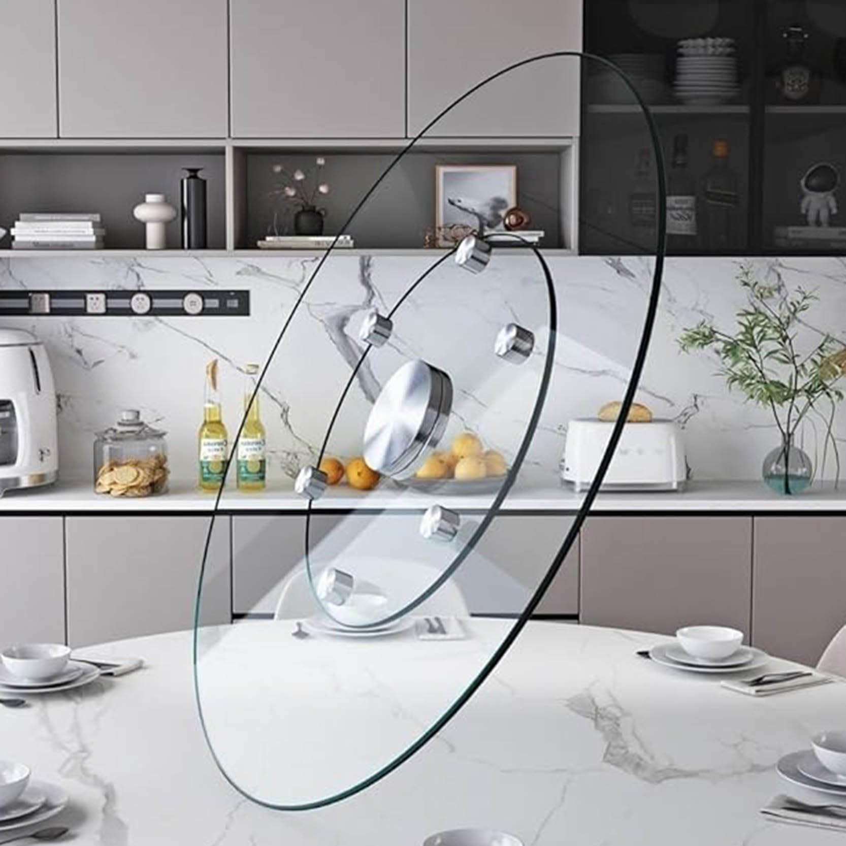 Gouzibhd Light Glass Lazy Susan Turntable Dining Table, 360° Large Round Serving Plate Tabletop Rotating Tray With 6 Assist Wheels, Serving Plate Silent Smooth Spin(Size:60cm)