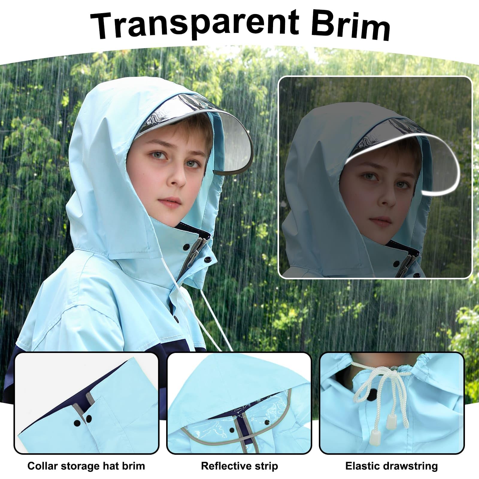JinBei Enfants Imperméable Garçon Fille Combinaison de Pluie Léger Ensemble Pluie à Réfléchissant Pantalon et Veste Zip Boutons à Capuche Pliante Costume 2 Pièces pour Écoles Camping, 8-14 Ans