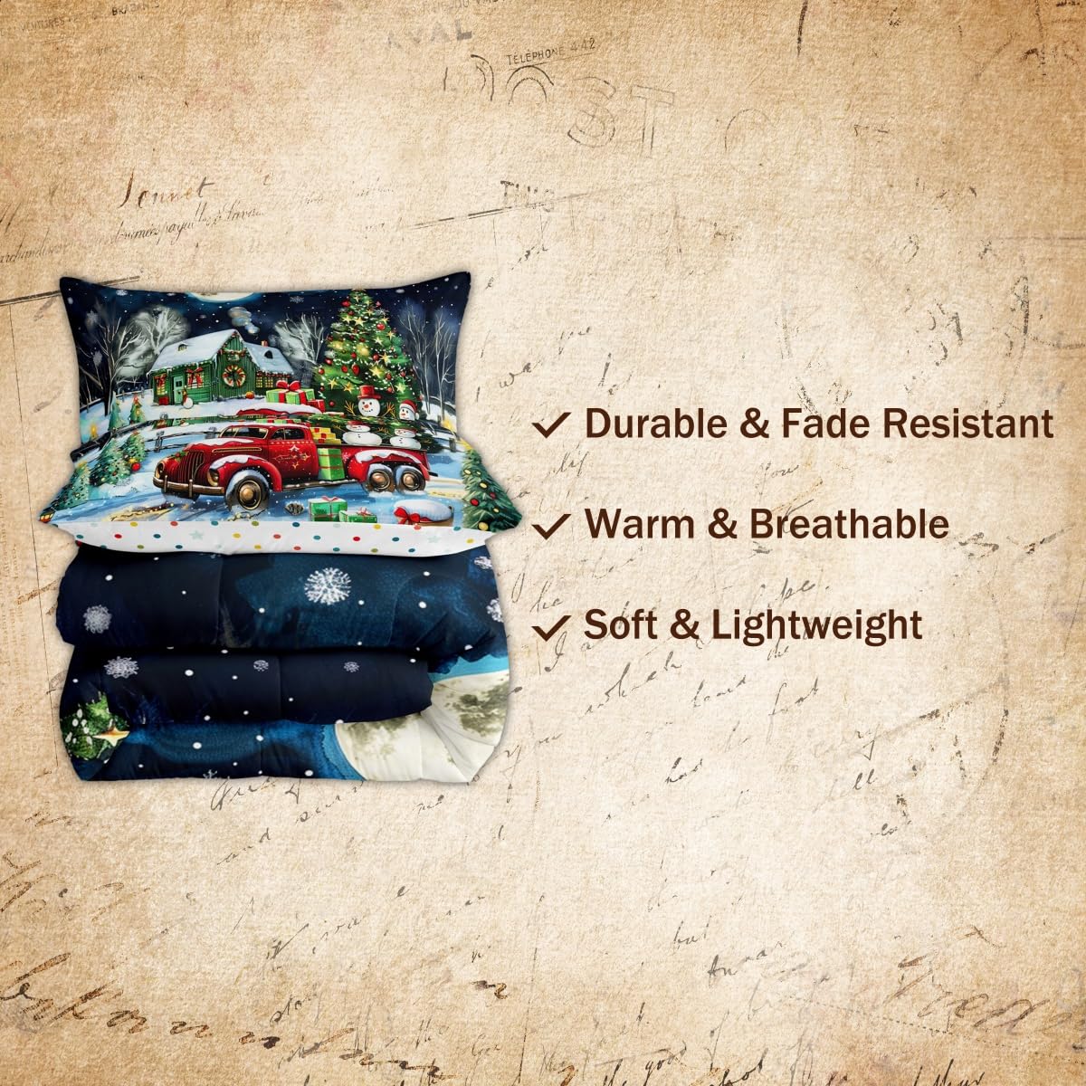 Rustic Farmhouse Duvet Cover Set Twin - Snowman Truck Snowflake Theme Bedding, 2pc (Cover + Pillowcase)