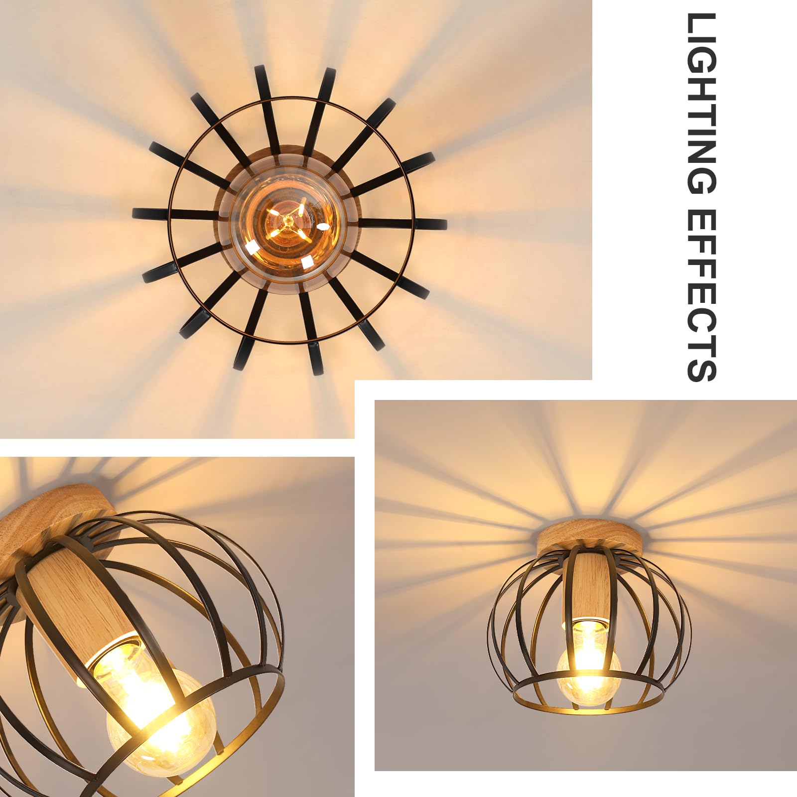Comely Plafonnier Industrielle en Métal Cage, Vintage Lustre Plafonnier en Bois, E27 Rétro Lampe de Plafond Pour Salon, Cuisine, Chambre, Couloir, Entrée (Noir)
