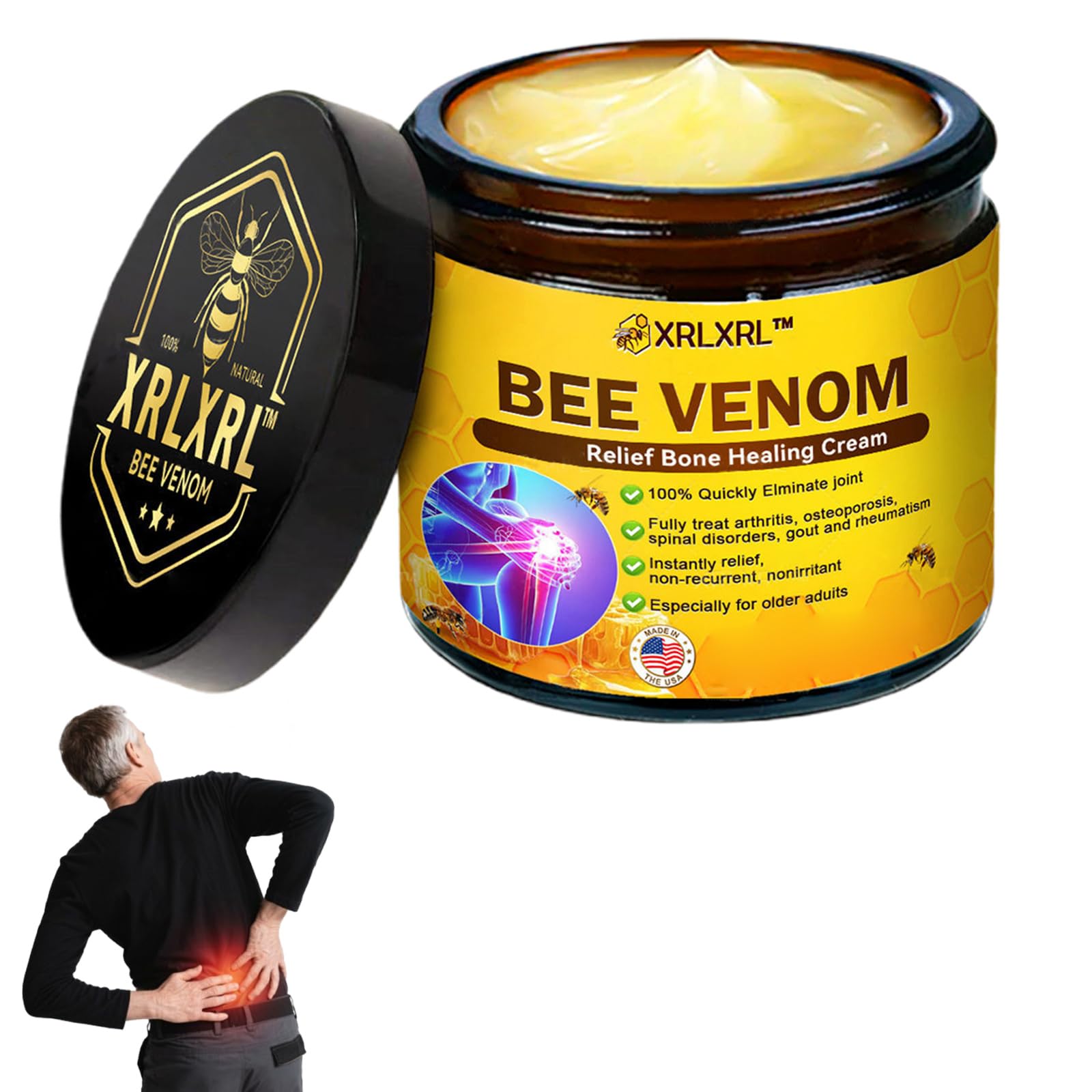 XRLXRL Bee Venom Relief Bone Healing Cream, Professional Bee Venom Cream for Activities, Bee Venom Joint & Bone Therapy cream for Back, Knee, Hands, Neck, Feet, for All Skin Types (1 Bottle)