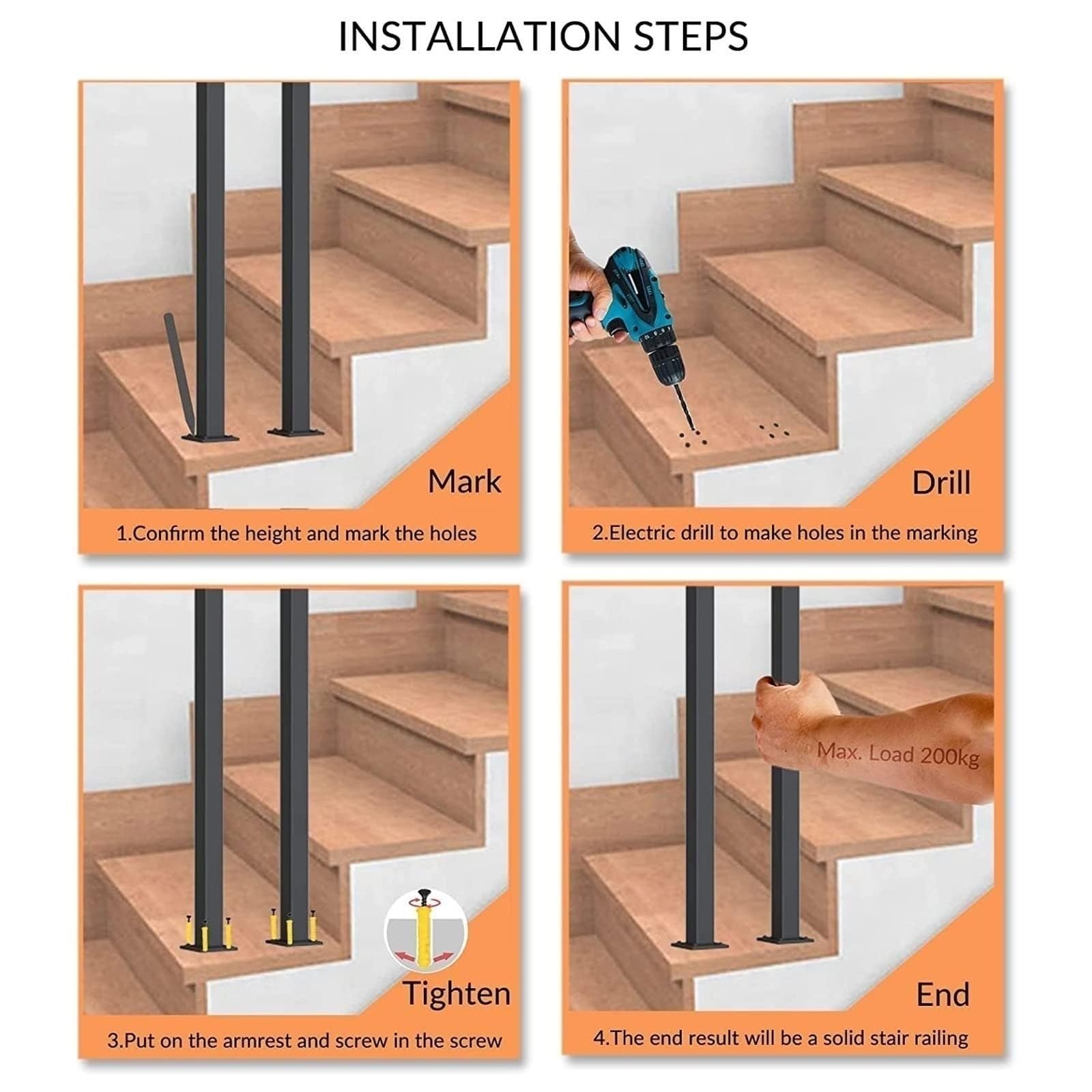 Forma U/M Corrimano Per Scale - Ringhiera Per Scale, Soporte Nti-Skid Mano Transicional Seguridad, Valla Seguridad Decorativa Interior Y Exterior, para El Hogar, Jardín, Pasillo, Ático(Black-M,35cm)