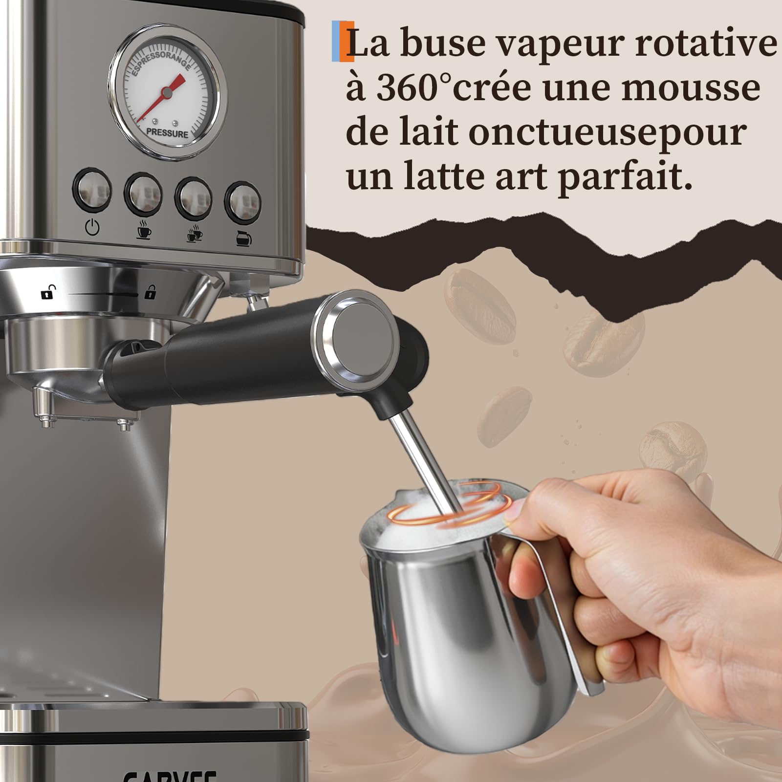 GarveeTech Machine à expresso 20 bar, 1200 W, avec système de chauffage rapide Thermoblock et mousseur à lait, en acier inoxydable, avec réservoir d'eau de 1,7 l, pour petite cuisine, cadeau de Noël