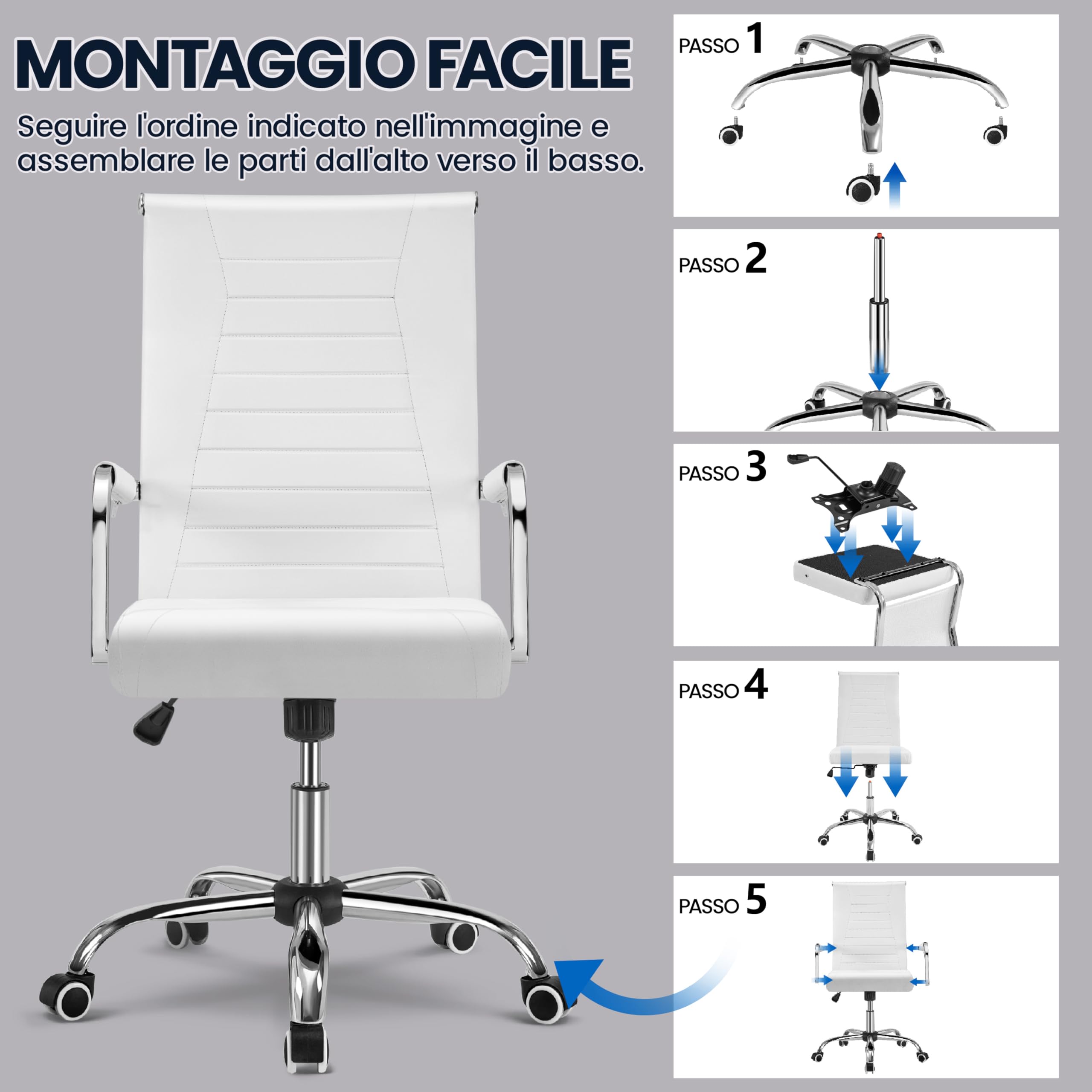 Yaheetech Sedia da Ufficio Scrivania Bianca Ergonomica in Finta Pelle con Schienale Alto Reclinabile a Dondolo Rotelle Girevole 360° Altezza Regolabile Portata 136 KG