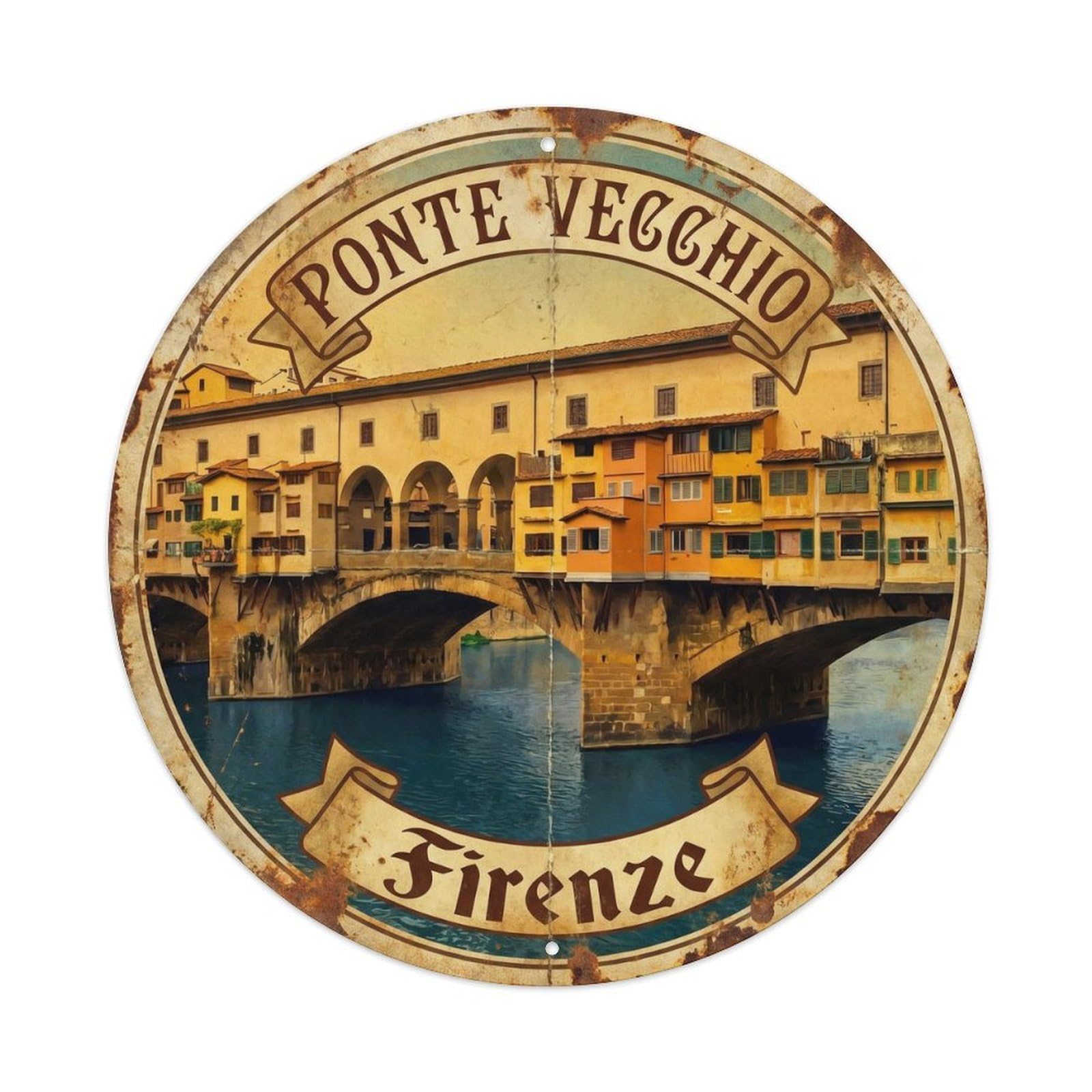 Vintage Travel Ponte Vecchio Florence Metal Tin Sign Plaque Wall Decor for Cafe, Club Bar, Office, Home Garden Round Metal Poster 8x8Inch