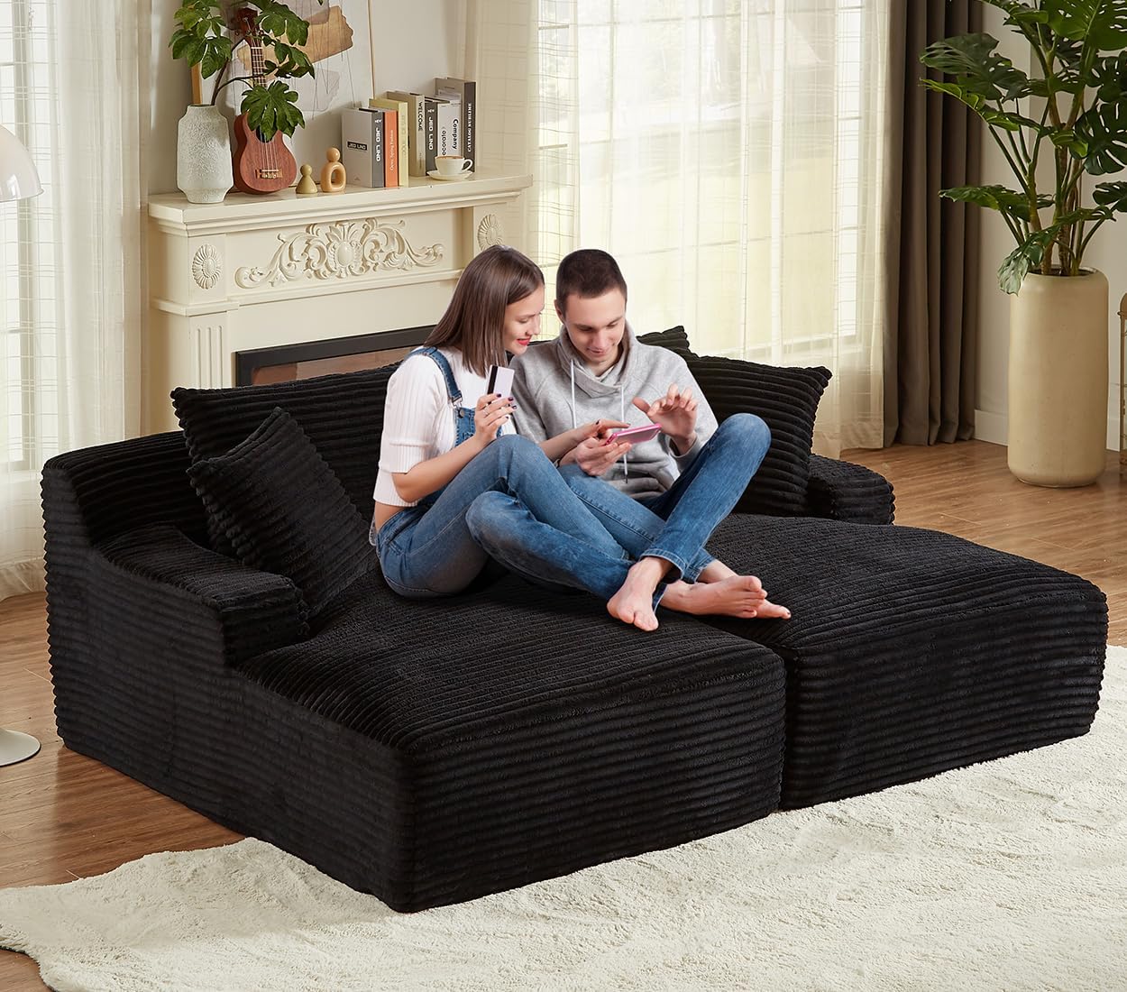 Oversized Double Chaise Lounge Chair Indoor,Wide Corduroy Boneless Chaise Lounges Sofa, Comfy Upholstered Sectional Cloud Couch, No Assembly Required Loveseat Sleeper Chair Bed for Living Room(Black)